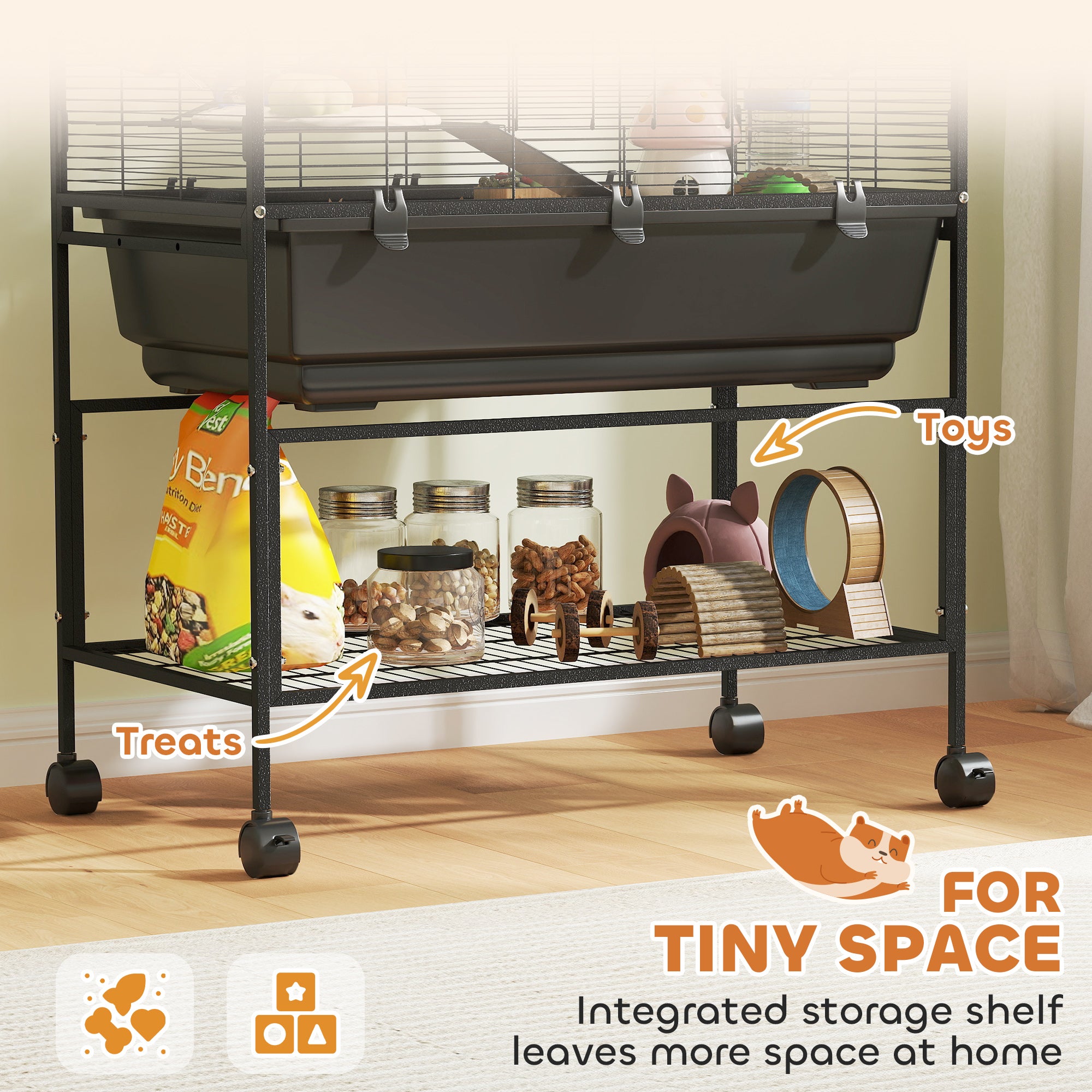 3 Tier Hamster Cage, Rolling Rat Cage with Deep Tray, Storage Shelf, Big Exercise Wheel, Hut, Tube System
