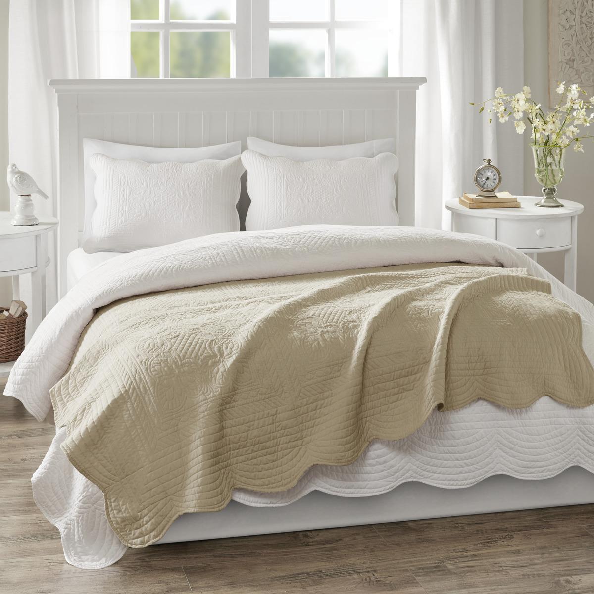 Oversized Quilted Throw with Scalloped Edges, Microfiber Face, Cotton Filled Blanket for Living Room, Bedroom, 72" L x 60" W x 0.25" H, Khaki