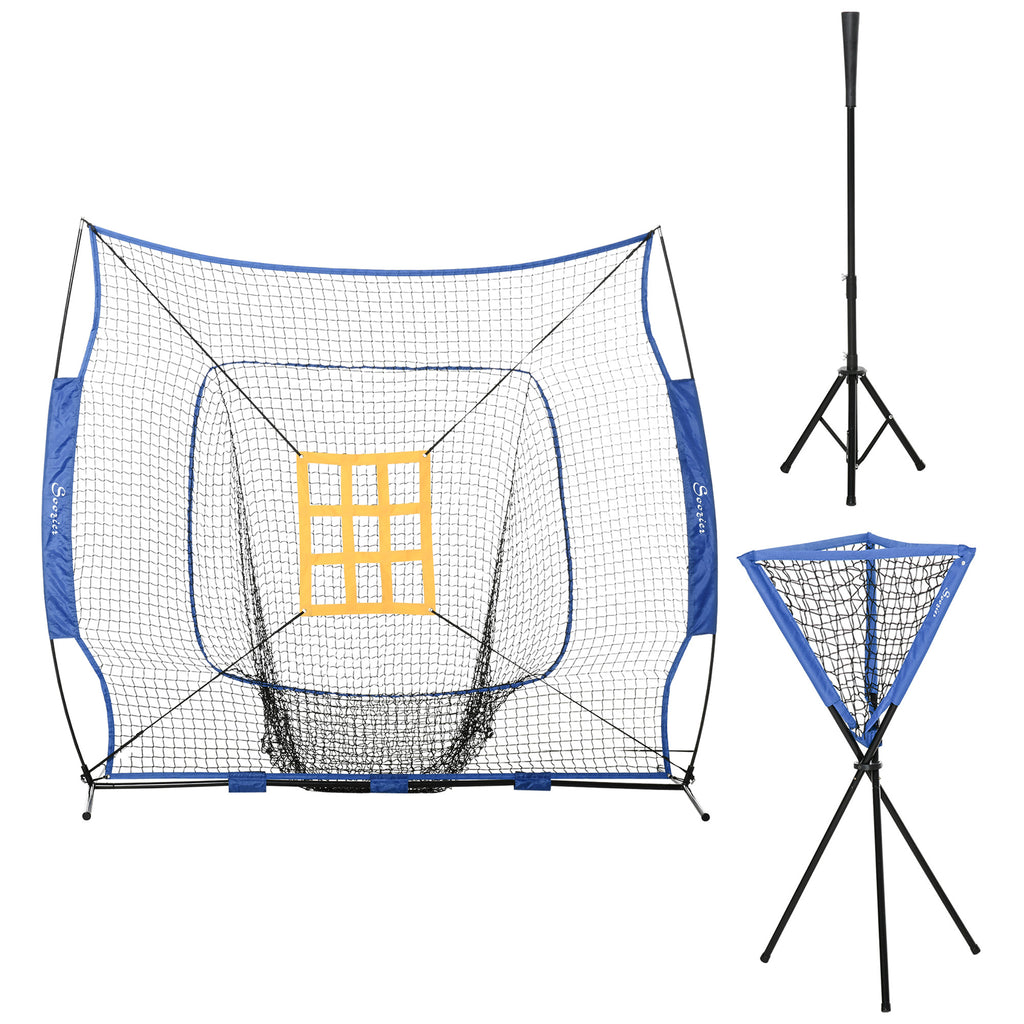 Baseball Practice Net Set with 7.5x7ft Catcher Net, Ball Caddy and Batting Tee, Portable Pitching Net with Carry Bag for Hitting, Pitching, Batting, Catching, Blue