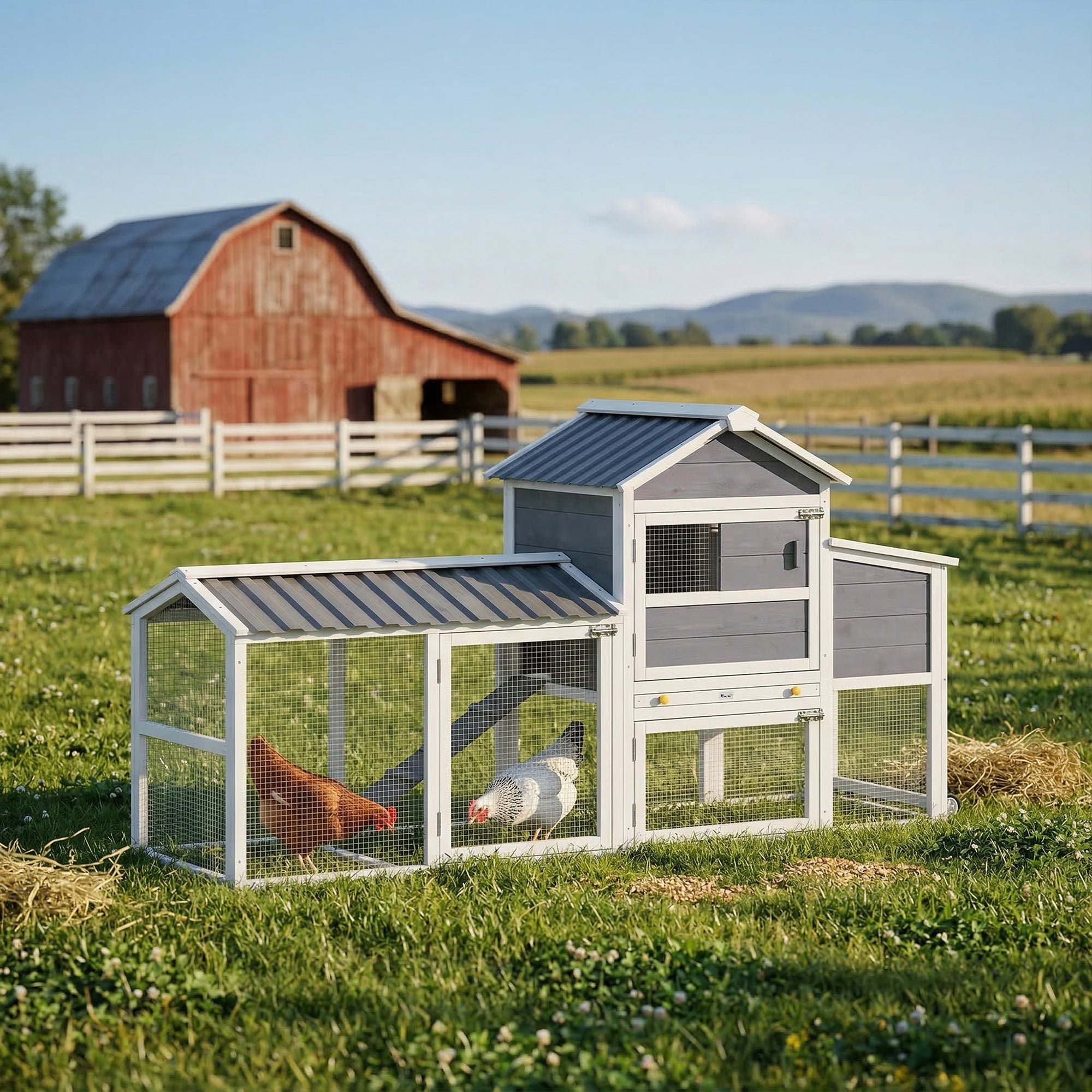 Chicken Coop with Wheels, 80" L Mobile Hen House with Run, Outdoor Wooden Chicken House with Nesting Box, Tray, Ramp