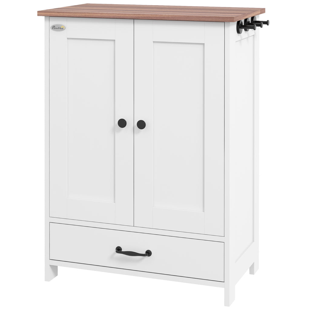 Pet Feeding Station, Dog Food Storage Cabinet w/ Raised Dog Bowls, Adjustable Panel, Hooks for Medium Dogs, White