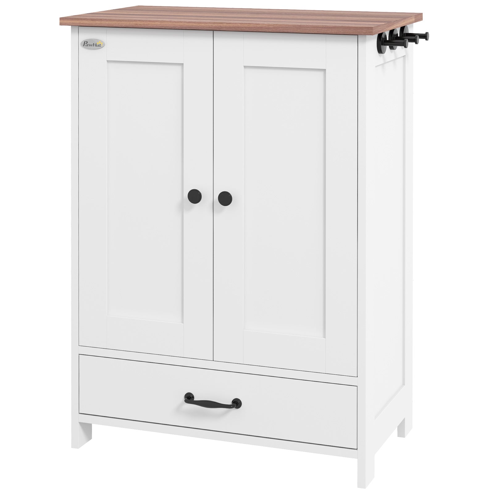 Pet Feeding Station, Dog Food Storage Cabinet w/ Raised Dog Bowls, Adjustable Panel, Hooks for Medium Dogs, White
