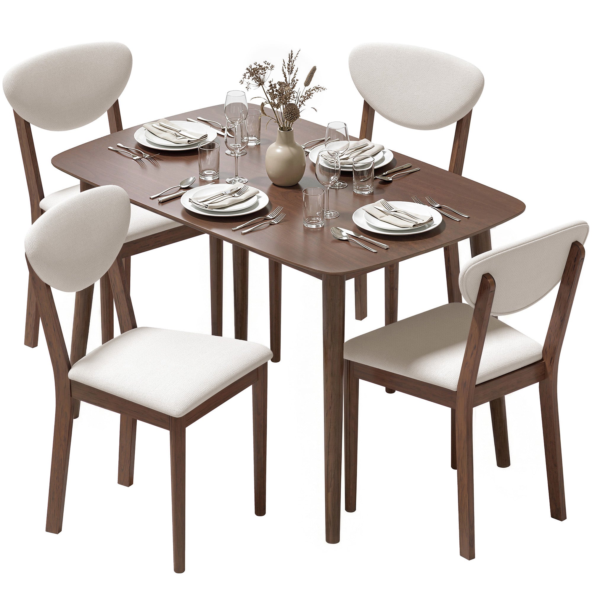 5-Piece Dining Table Set for 4, Mid-Century Modern Kitchen Table and Chairs, Cream White