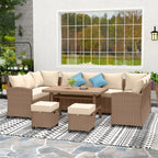 6 Piece Patio Furniture Set, PE Wicker Outdoor Furniture Conversation Set with 3 Sofas, 2 Ottomans and Slatted WPC Top Dining Table, All Weather Sectional Sofa Couch with Pillows, Khaki