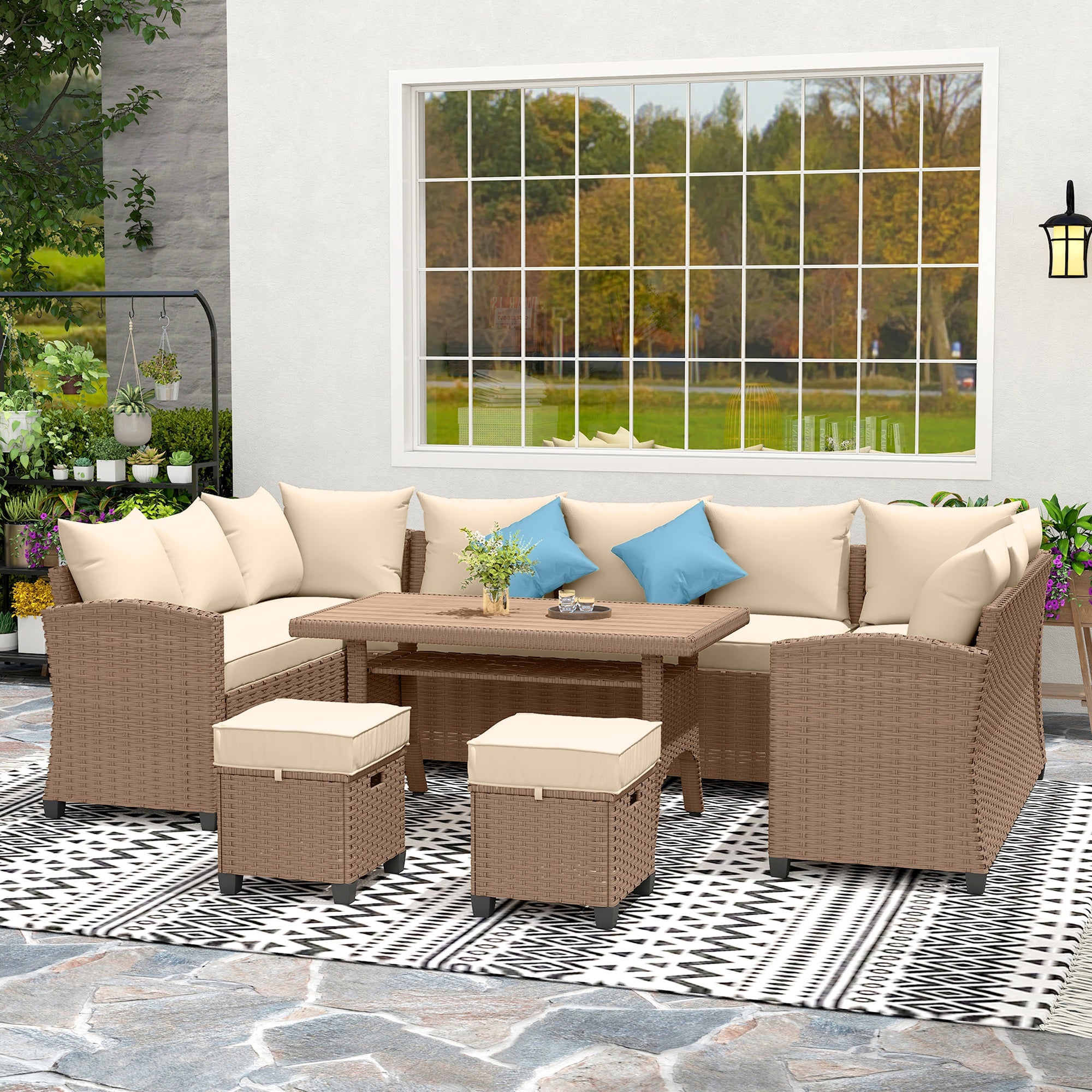 6 Piece Patio Furniture Set, PE Wicker Outdoor Furniture Conversation Set with 3 Sofas, 2 Ottomans and Slatted WPC Top Dining Table, All Weather Sectional Sofa Couch with Pillows, Khaki
