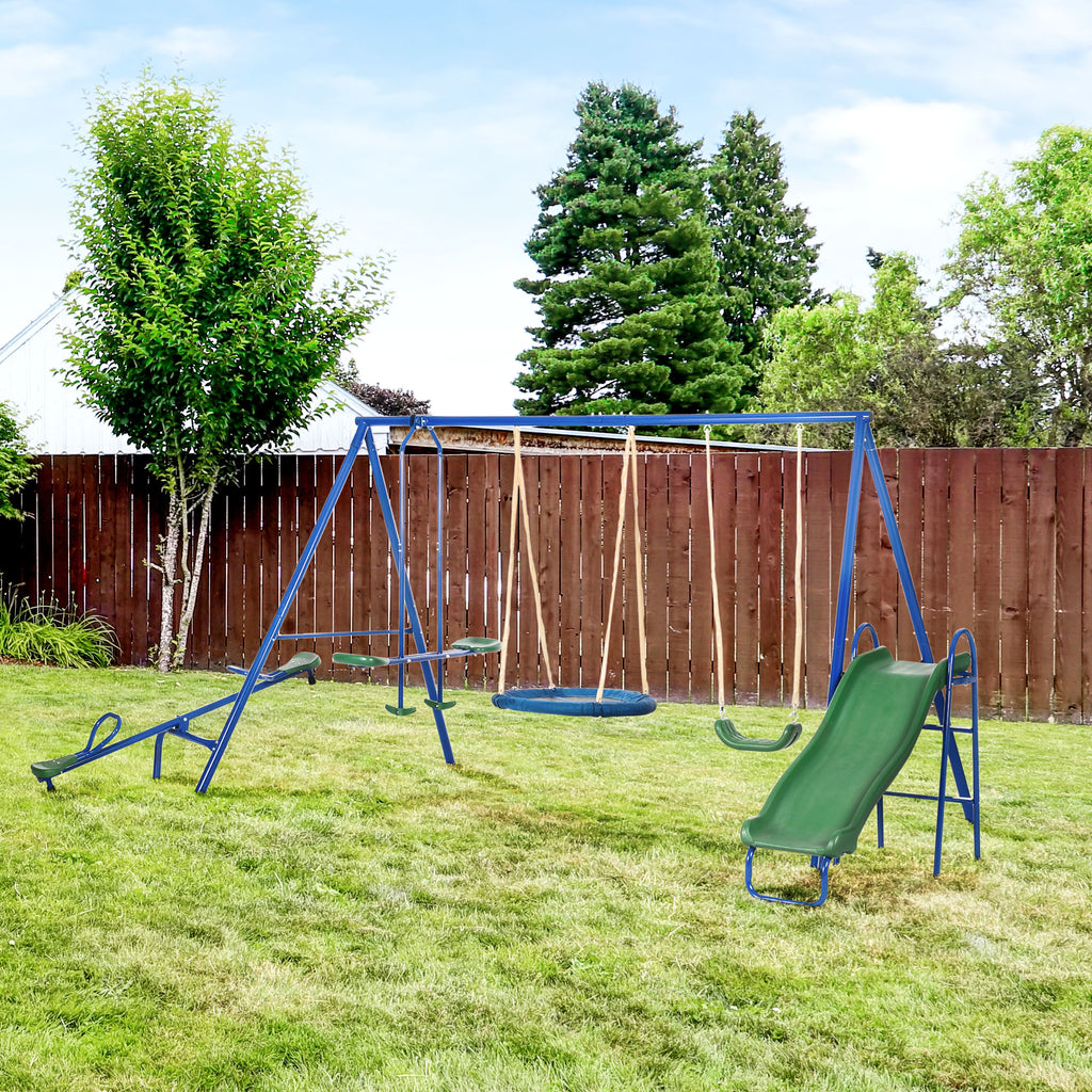 693 lbs Metal Swing Set for Kids, 5 in 1 Outdoor Playset with Heavy Duty A-Frame Stand, 29.5" Saucer Swing, Slide, Teeter-Totter, Glider, for Backyard, Blue
