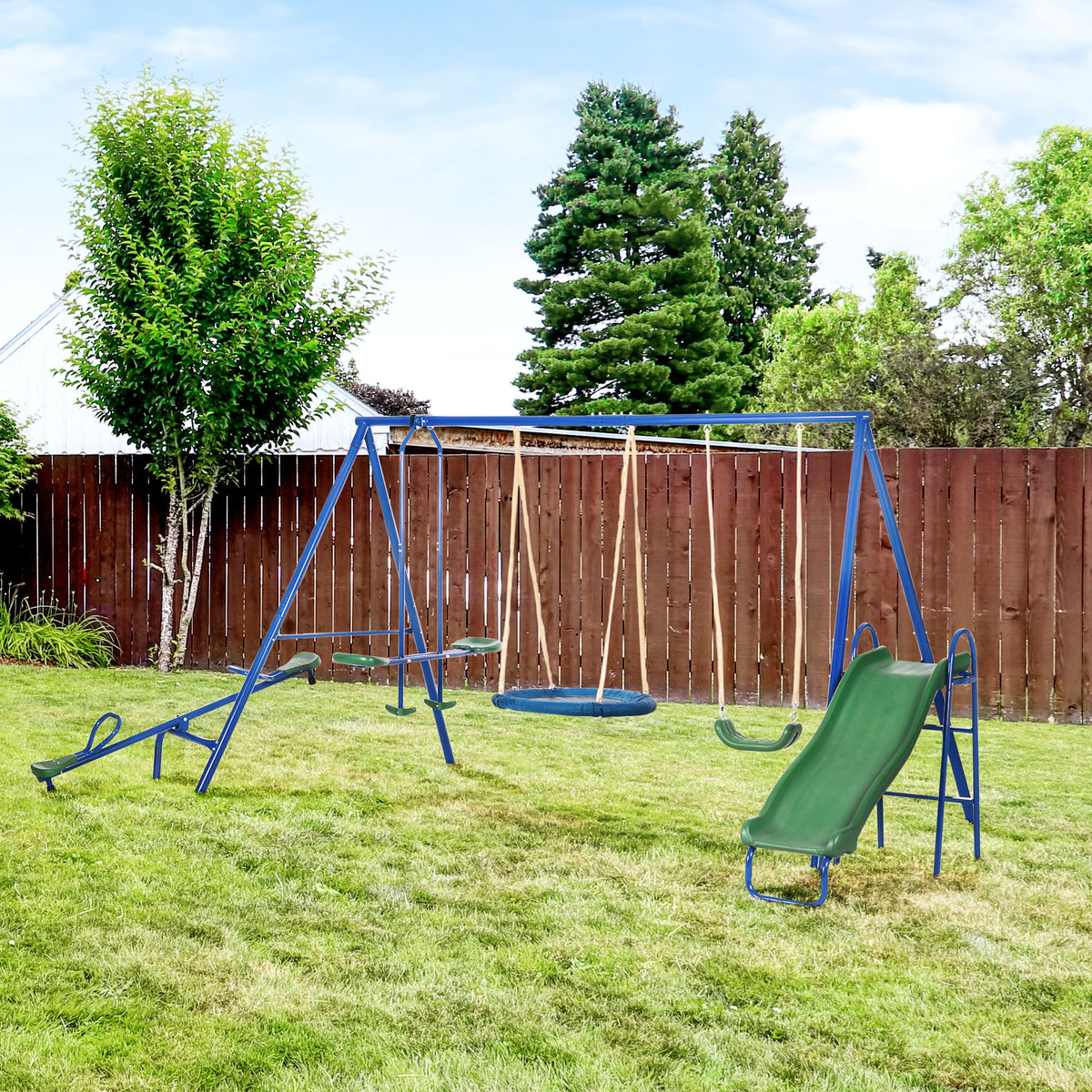 693 lbs Metal Swing Set for Kids, 5 in 1 Outdoor Playset with Heavy Duty A-Frame Stand, 29.5" Saucer Swing, Slide, Teeter-Totter, Glider, for Backyard, Blue