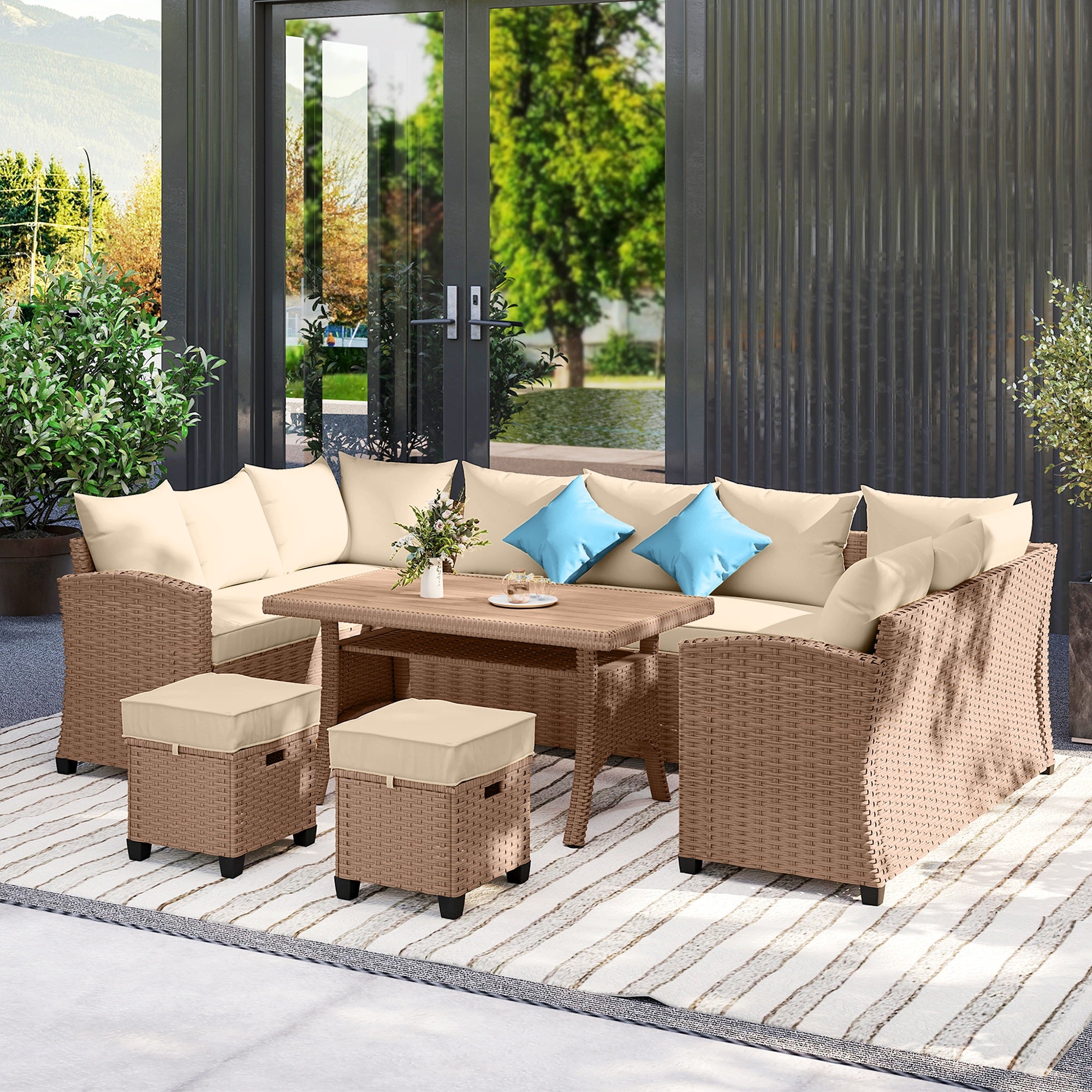 6 Piece Patio Furniture Set, PE Wicker Outdoor Furniture Conversation Set with 3 Sofas, 2 Ottomans and Slatted WPC Top Dining Table, All Weather Sectional Sofa Couch with Pillows, Khaki