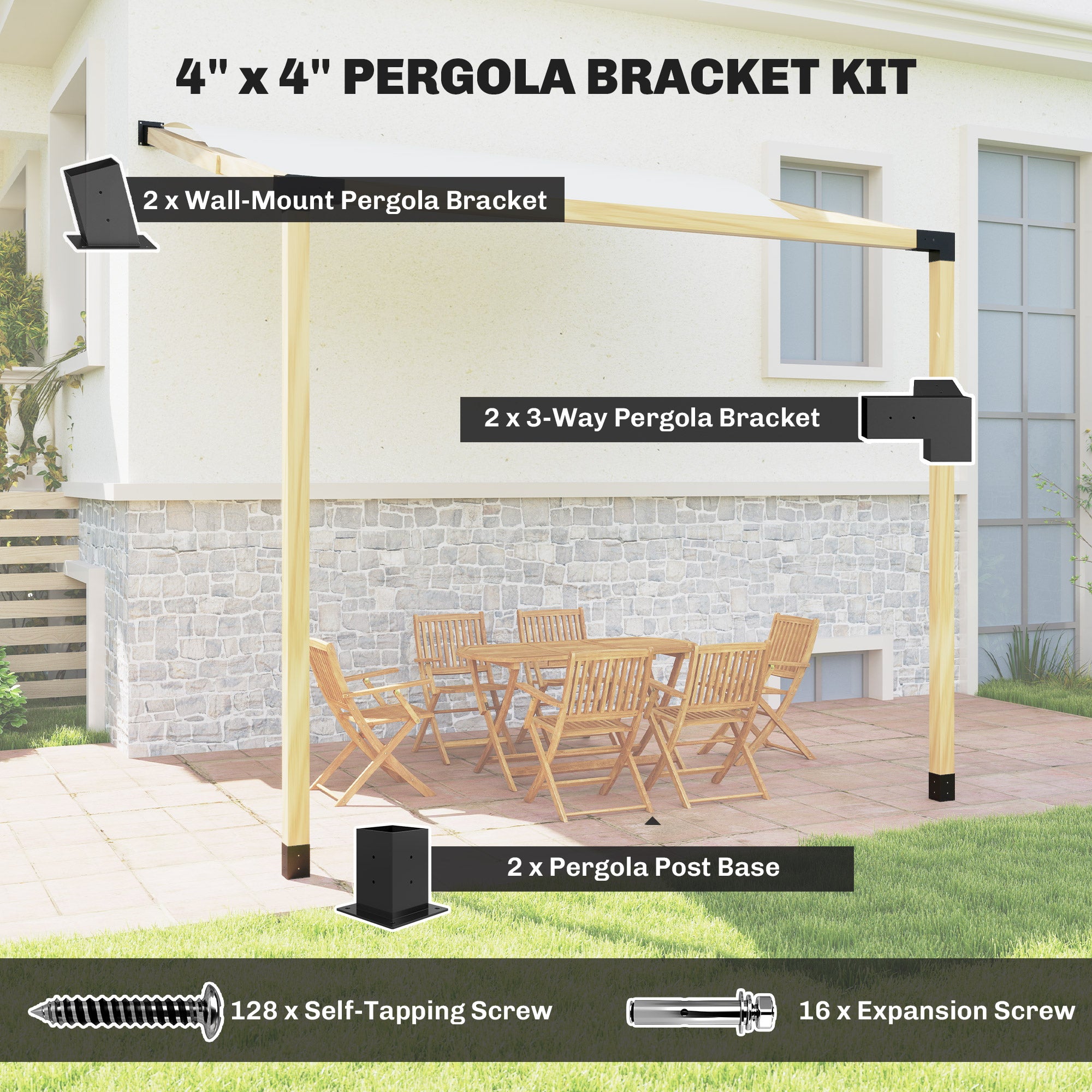 Pergola Kit, 15° Slanted Pergola Bracket Kit with 3-Way Brackets, Post Bases, Wall Mounts for 3.6" X 3.6" Lumber, Black