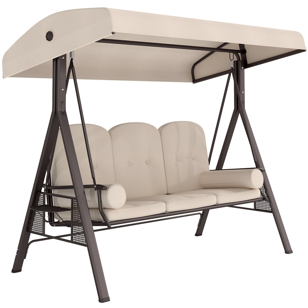 3-Seat Patio Swing Chair, Outdoor Porch Swing Glider with Adjustable Canopy, Removable Cushion, Pillows and Side Trays, for Garden, Poolside, Backyard, Beige