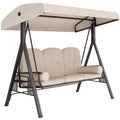 3-Seat Patio Swing Chair, Outdoor Porch Swing Glider with Adjustable Canopy, Removable Cushion, Pillows and Side Trays, for Garden, Poolside, Backyard, Beige