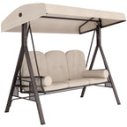 3-Seat Patio Swing Chair, Outdoor Porch Swing Glider with Adjustable Canopy, Removable Cushion, Pillows and Side Trays, for Garden, Poolside, Backyard, Beige