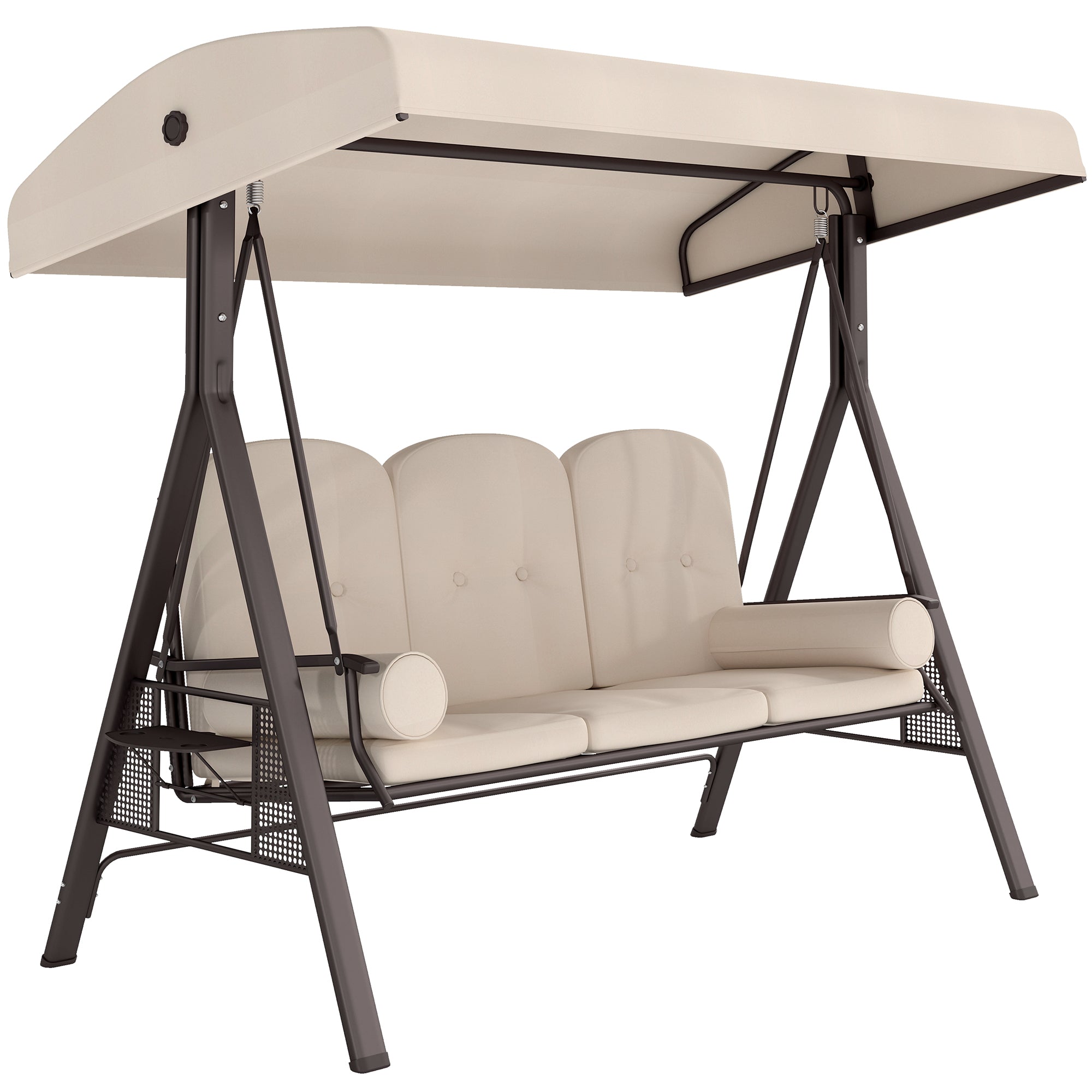 3-Seat Patio Swing Chair, Outdoor Porch Swing Glider with Adjustable Canopy, Removable Cushion, Pillows and Side Trays, for Garden, Poolside, Backyard, Beige
