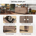 2-Tier Shelf PE Rattan Outdoor Bar Table, Glass Top Outdoor Serving Cart with Cabinet, Mixed Brown