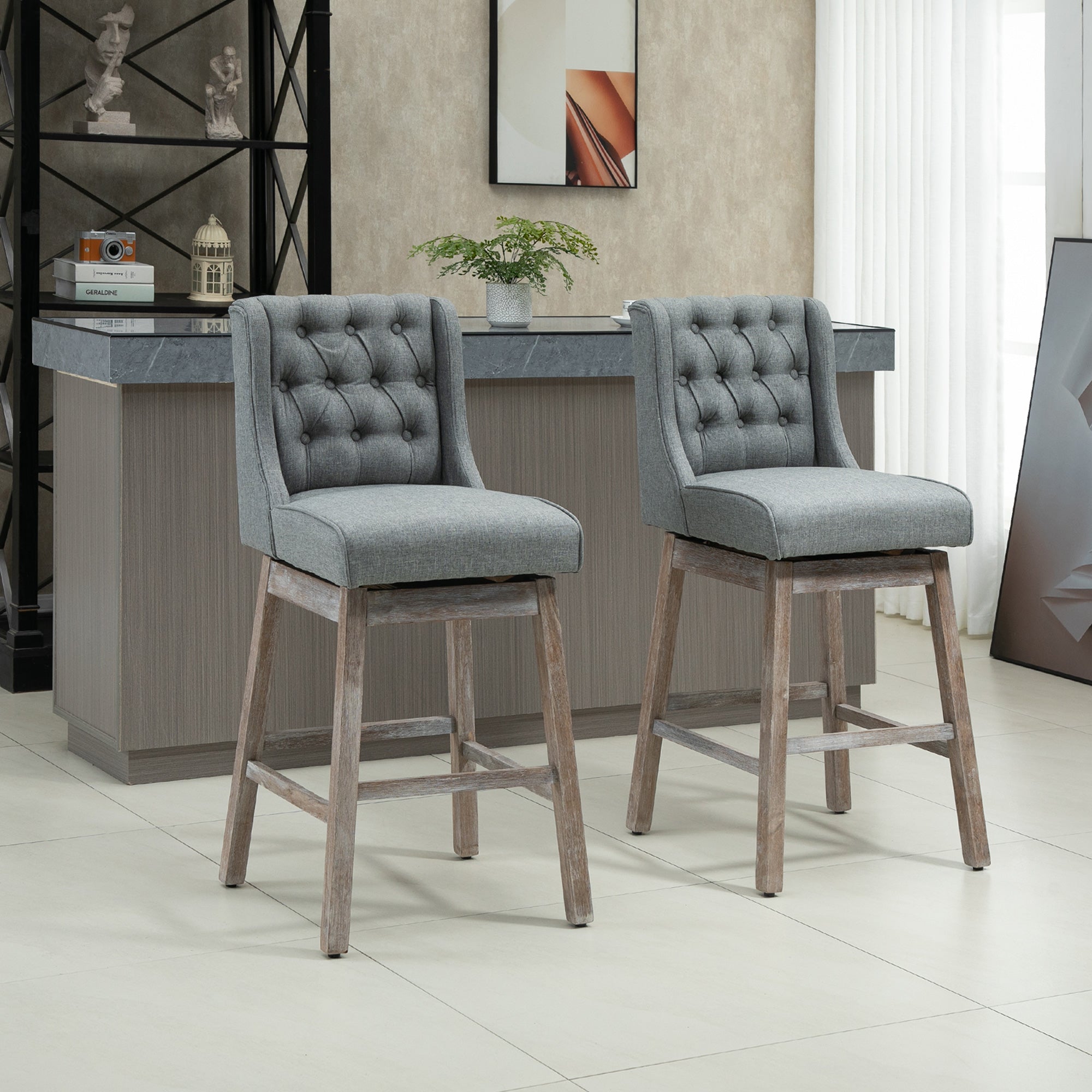Bar Height Bar Stools Set of 2, 180 Degree Swivel Barstools with Solid Wood Footrests and Button Tufted Design, 30" Seat Height Bar Chairs for Kitchen Island, Gray