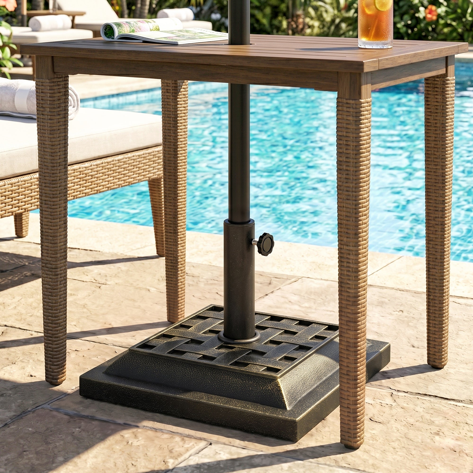 20 lbs Patio Market Umbrella Base Stand Resin Parasol Holder Square with Beautiful Decorative Pattern & Easy Setup, for Φ1.5", Φ1.89" Pole, for Beach, Lawn, Deck, Backyard, Garden, Bronze