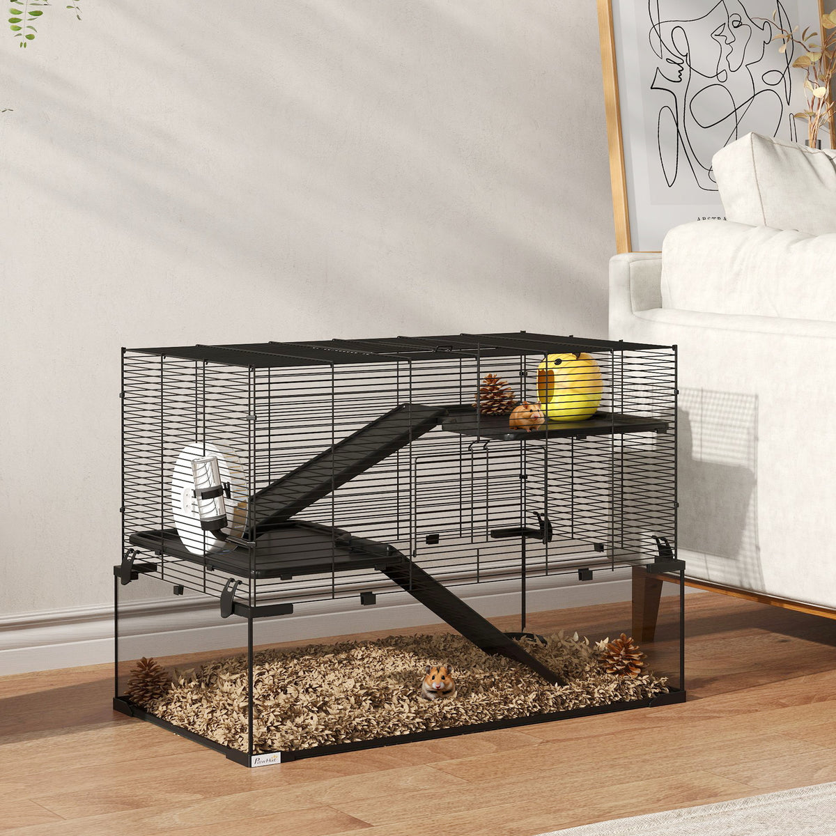 30" Hamster Cage, Gerbil Cage with Glass Basin for Small Hamsters, Black