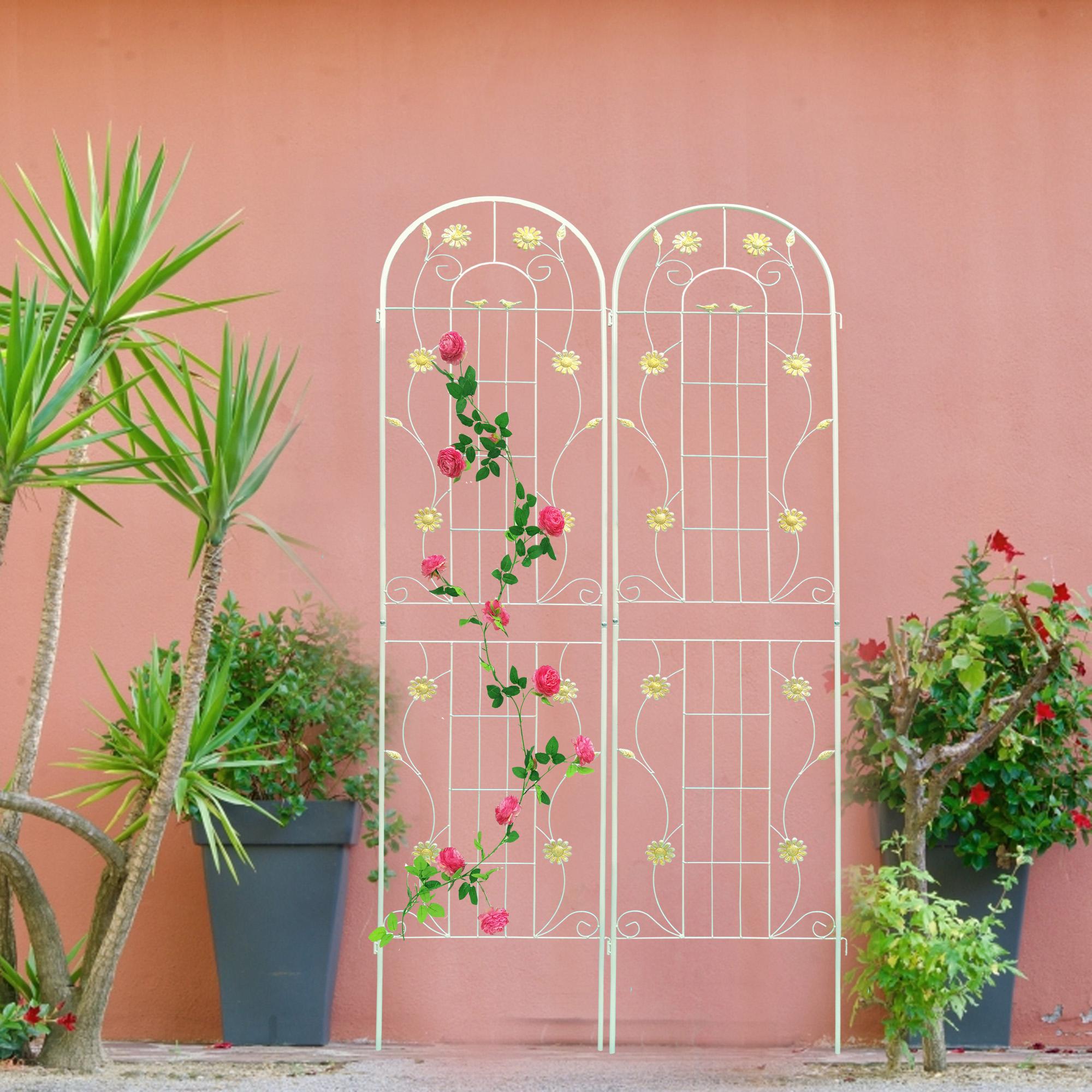 4 Pack Metal Garden Trellis with Bird and Flower Decorations, Rustproof Climbing Plant Support, 87" High, Cream White