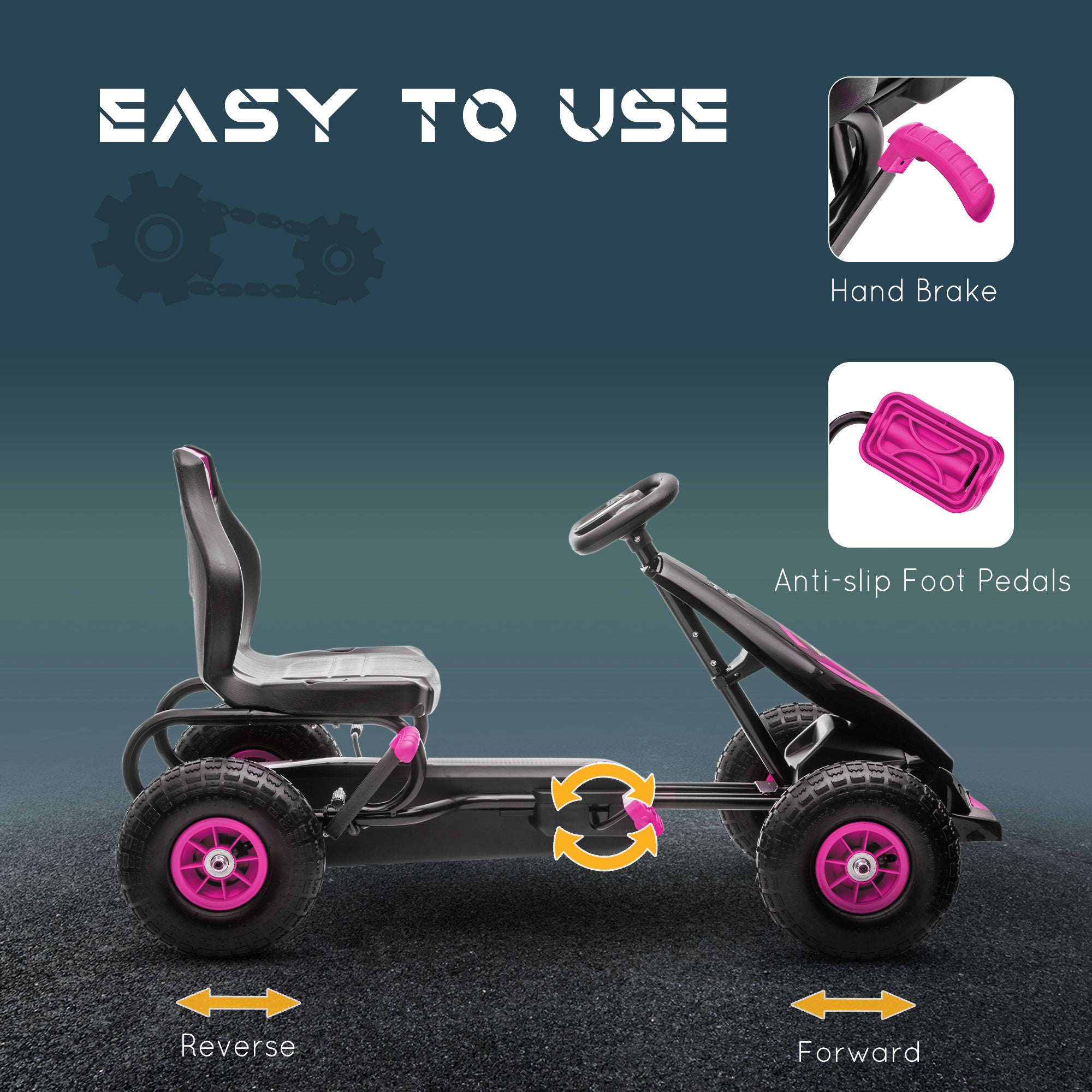 Ergonomic Pedal Go Kart Kids Ride-on Toy with Tough, Wear-Resistant Tread for Boys & Girls, Ages 5-12, Pink