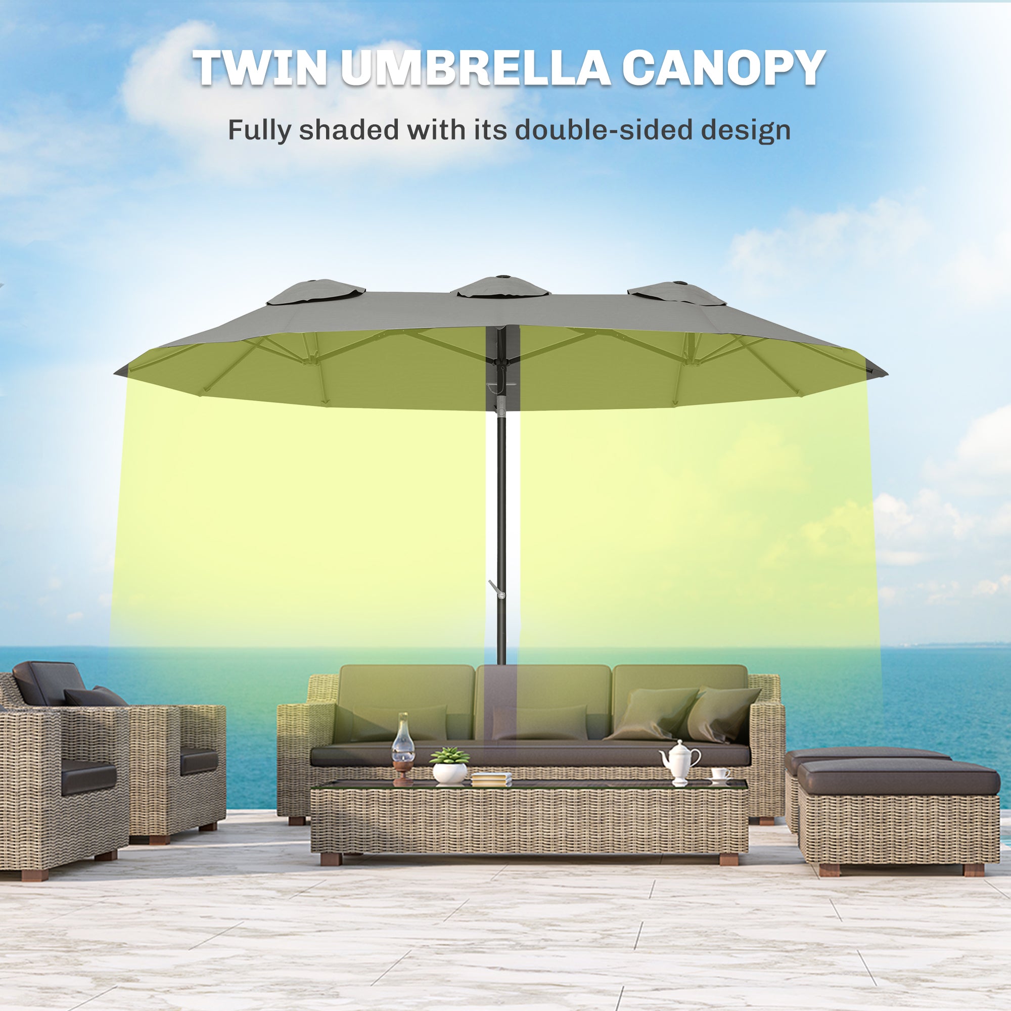Double Sided Patio Umbrella, 9.7' Large Outdoor Market Umbrella with Push Button Tilt and Crank, 3 Air Vents and 12 Ribs, for Garden, Deck, Pool, Gray