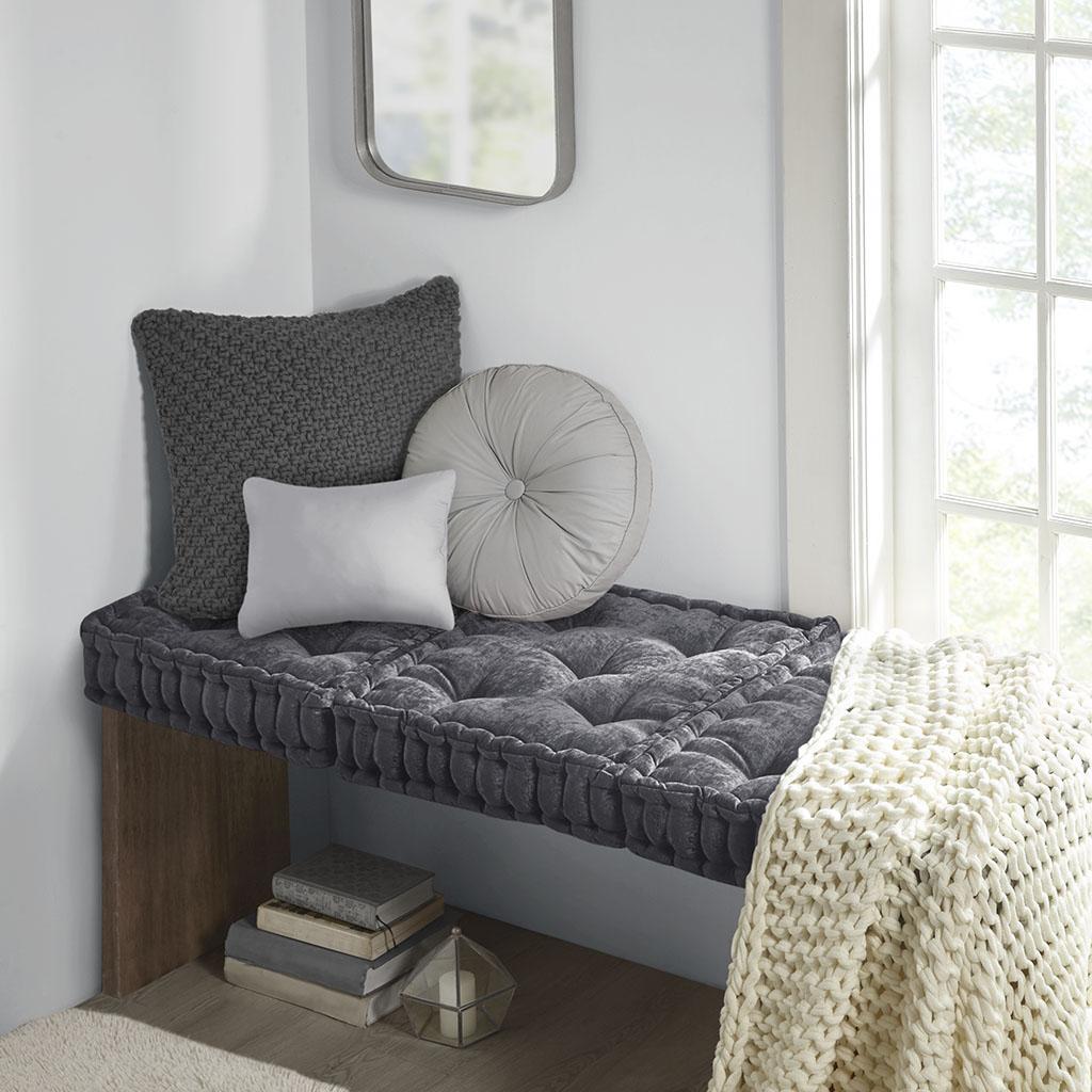 Textured Poly Chenille Square Floor Pillow Cushion with Tufted Detailing, Scalloped Edge, Hypoallergenic Polyester, 20" L x 20" W x 5" H, Charcoal