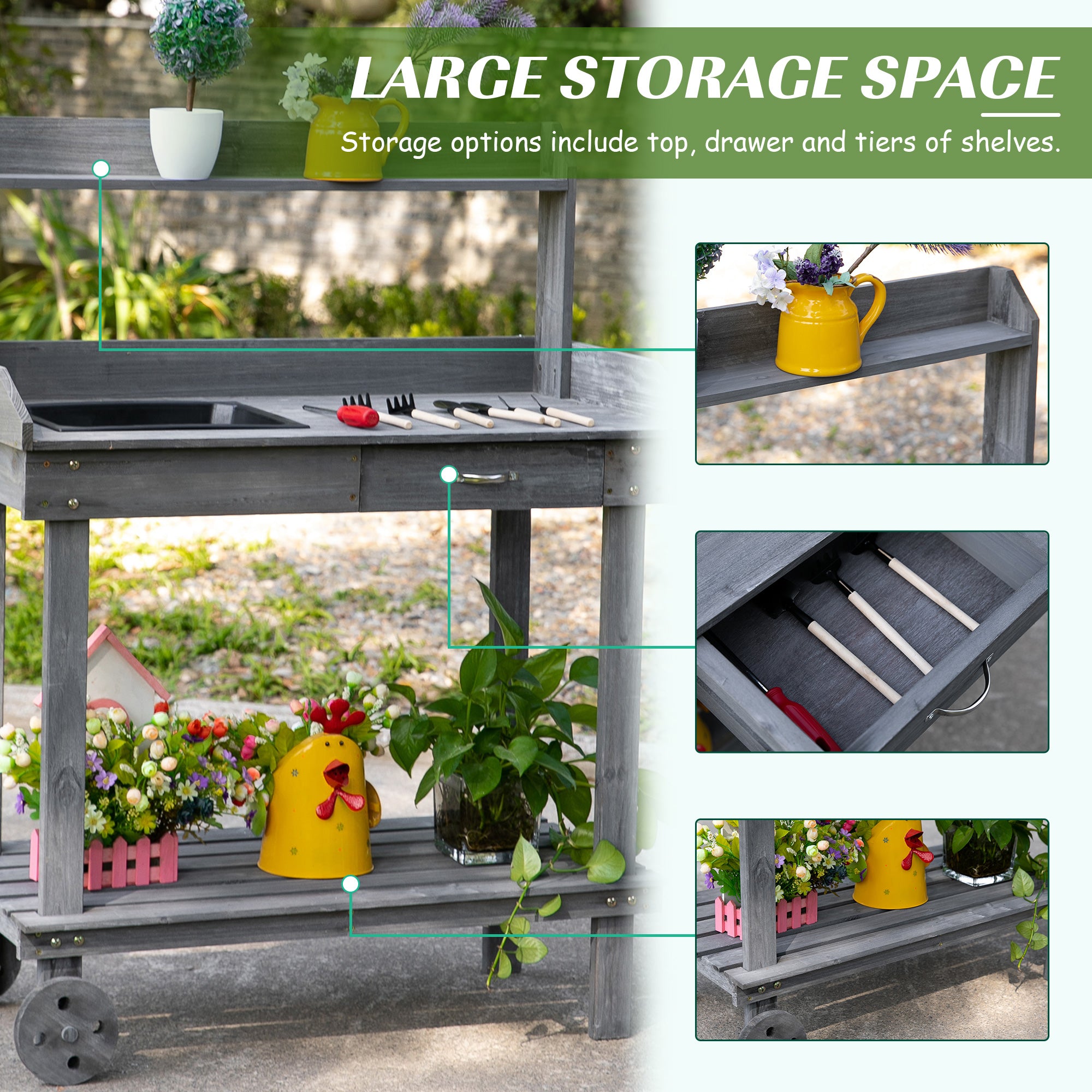 36'' Wooden Potting Bench Work Table with 2 Removable Wheels, Sink, Drawer & Large Storage Spaces, Gray