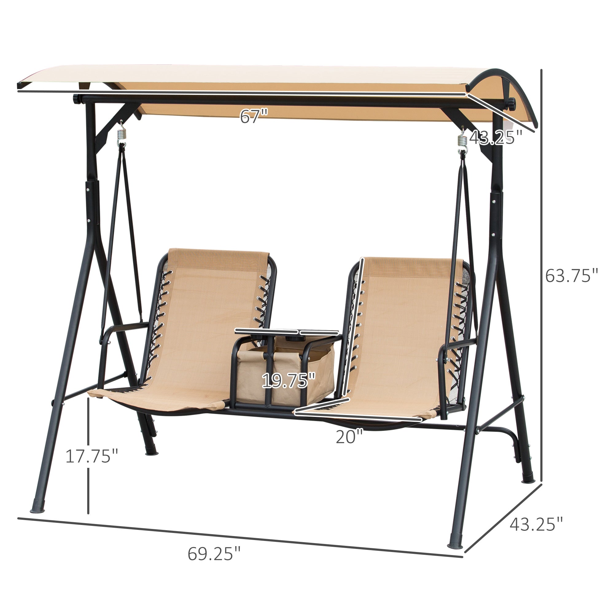 2 Person Porch Swing with Canopy, Storage Table, Cup Holder, Beige