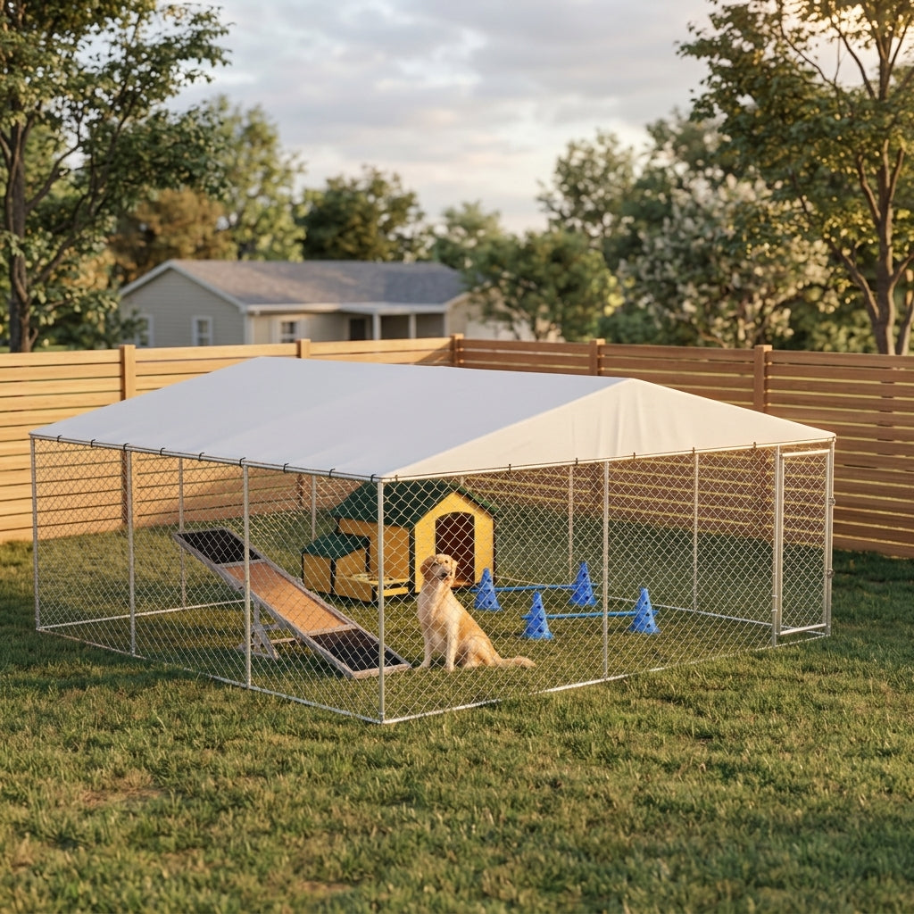 15' x 15' x 7' Dog Kennel Outdoor for Small Medium Large Dogs with Waterproof Roof, Silver
