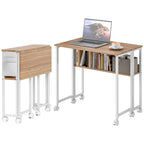 Folding Computer Desk, Foldable Desk with Storage Bag, Shelf and Wheels for Small Spaces, Home Office, Natural Wood