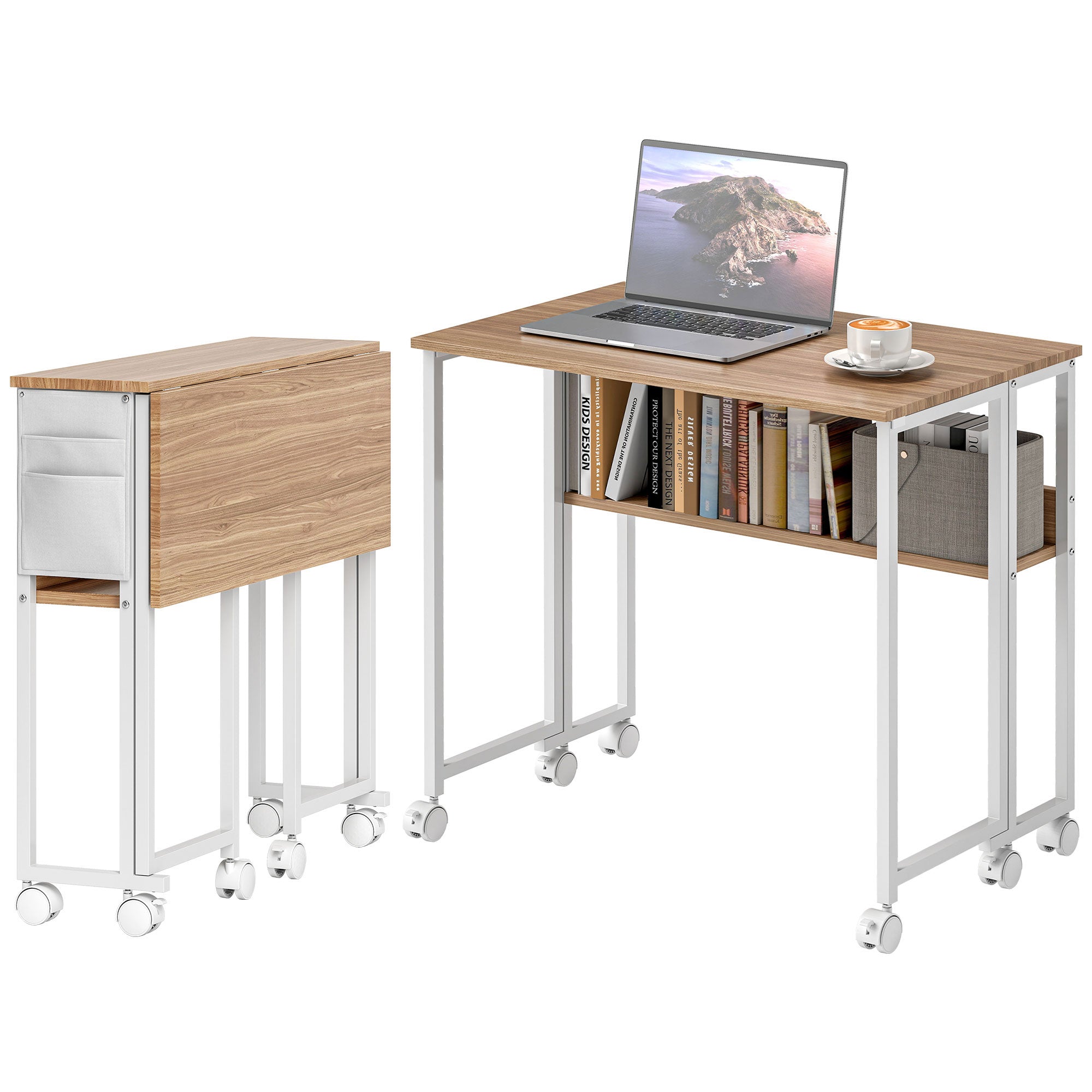 Folding Computer Desk, Foldable Desk with Storage Bag, Shelf and Wheels for Small Spaces, Home Office, Natural Wood