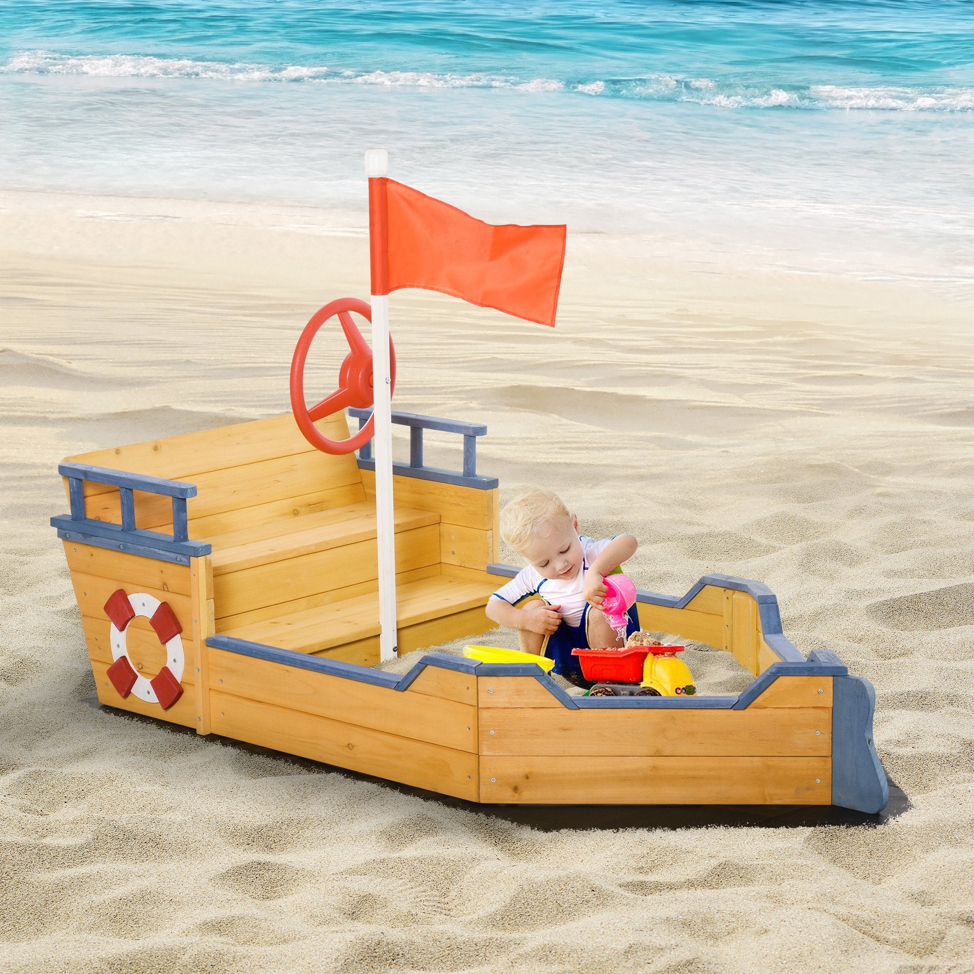 Kids Wooden Sandbox Pirate Ship Sandboat w/ Bench Seat Storage Space Ceder Wood
