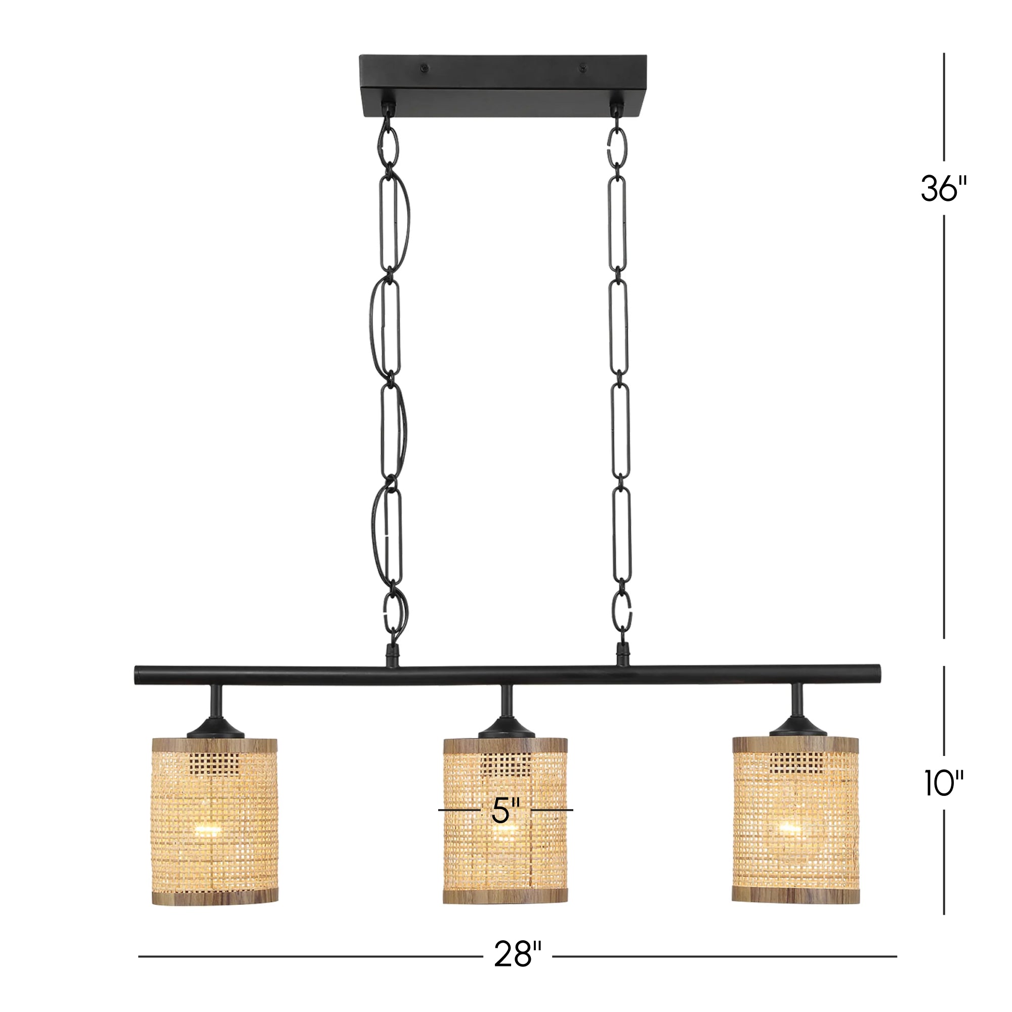 Three-Light Island Ceiling Lamp with Rattan Shade, Farmhouse Chain Design, Ideal for Dining Room, Kitchen, 28" L x 5" W x 10" H, Black