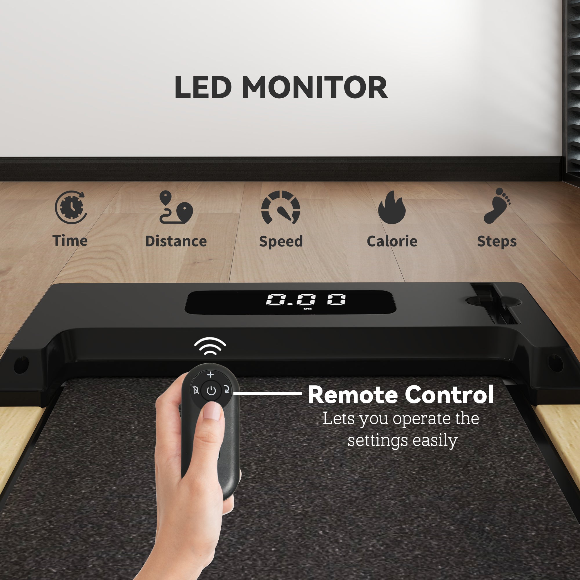 2.5HP Walking Pad, Wood Under Desk Treadmill with Remote Control, Transport Wheels and LED Display for Home Gym Office