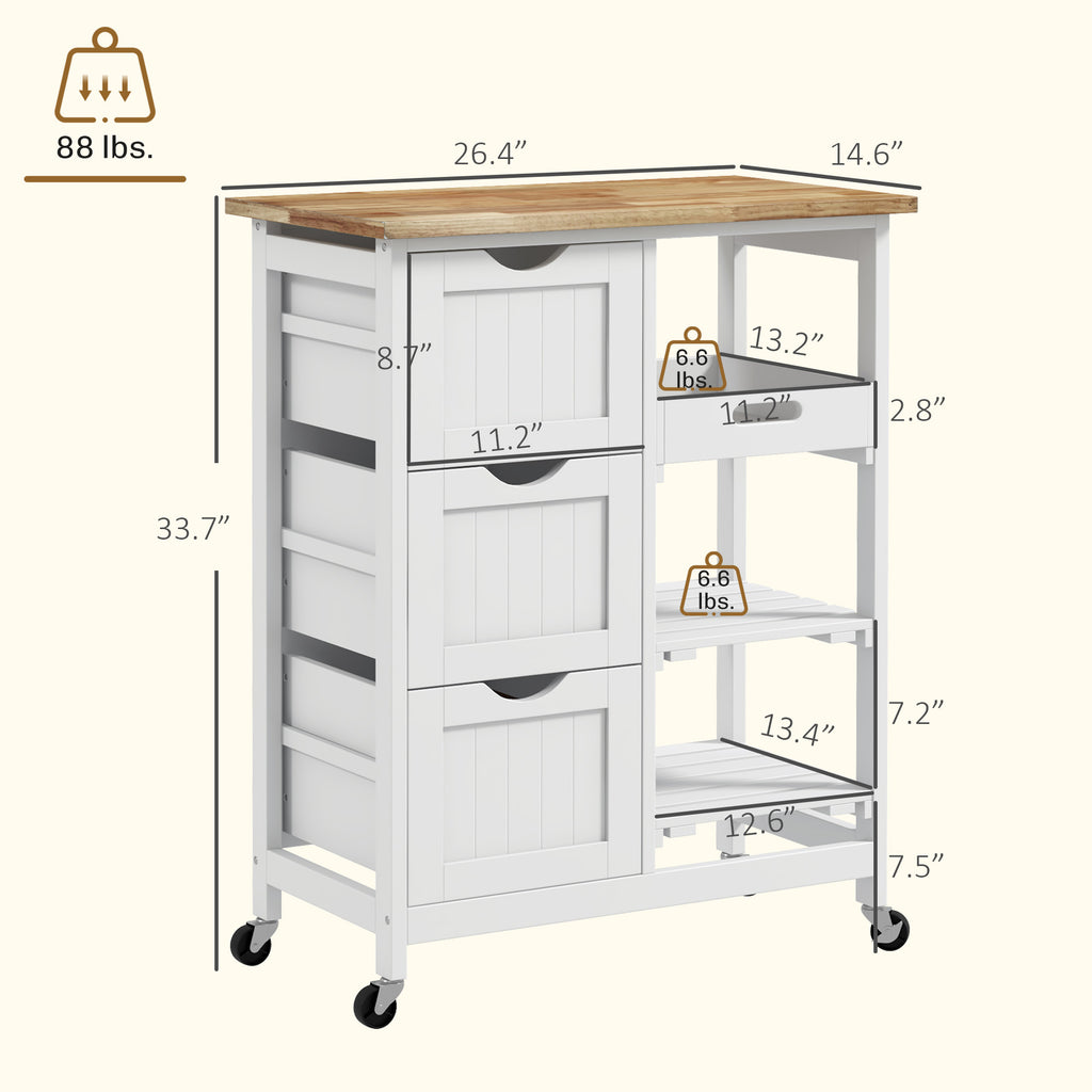Rolling Kitchen Cart, Kitchen Island with Wood Top, Shelves & Drawers for Dining Area, White