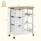 Rolling Kitchen Cart, Kitchen Island with Wood Top, Shelves & Drawers for Dining Area, White