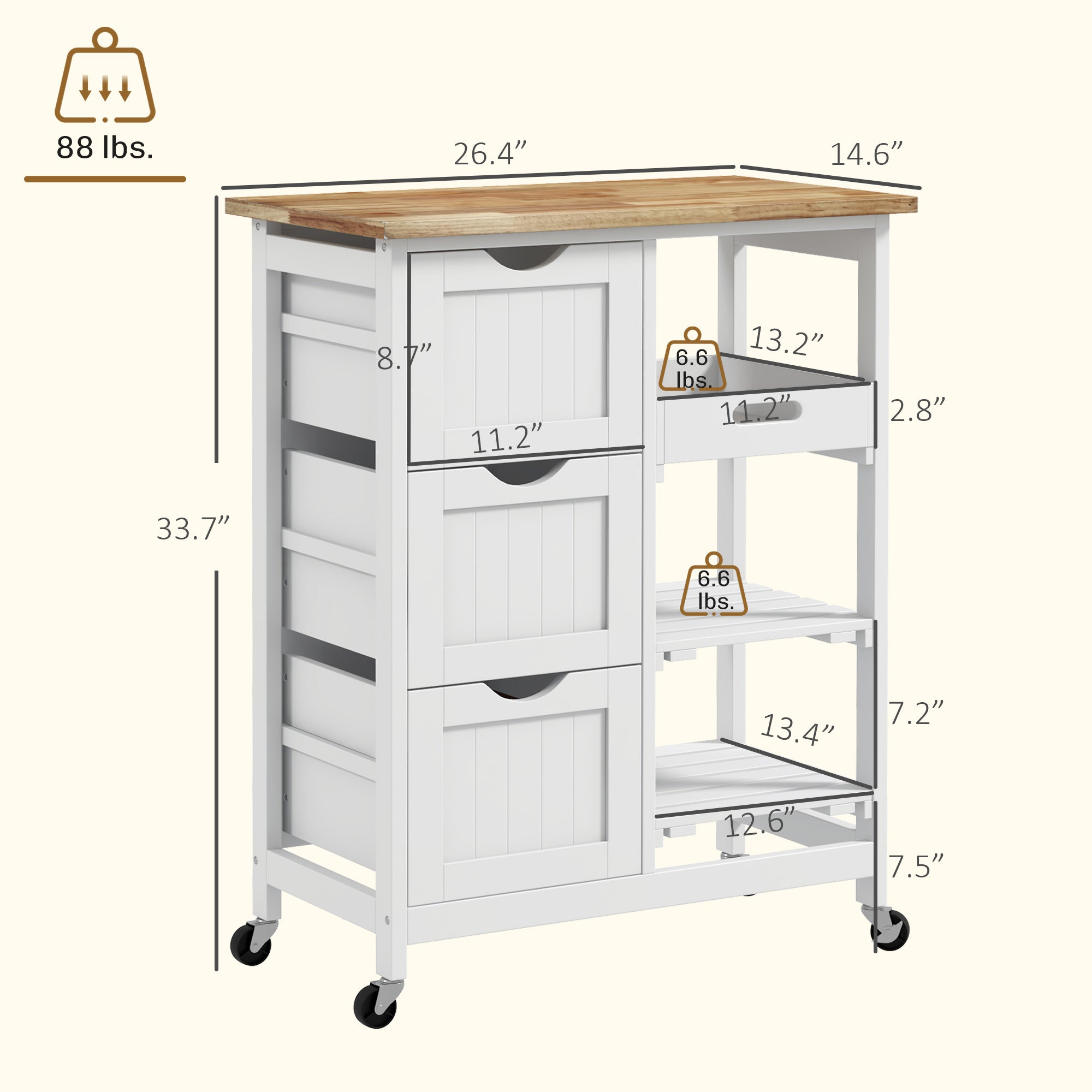Rolling Kitchen Cart, Kitchen Island with Wood Top, Shelves & Drawers for Dining Area, White