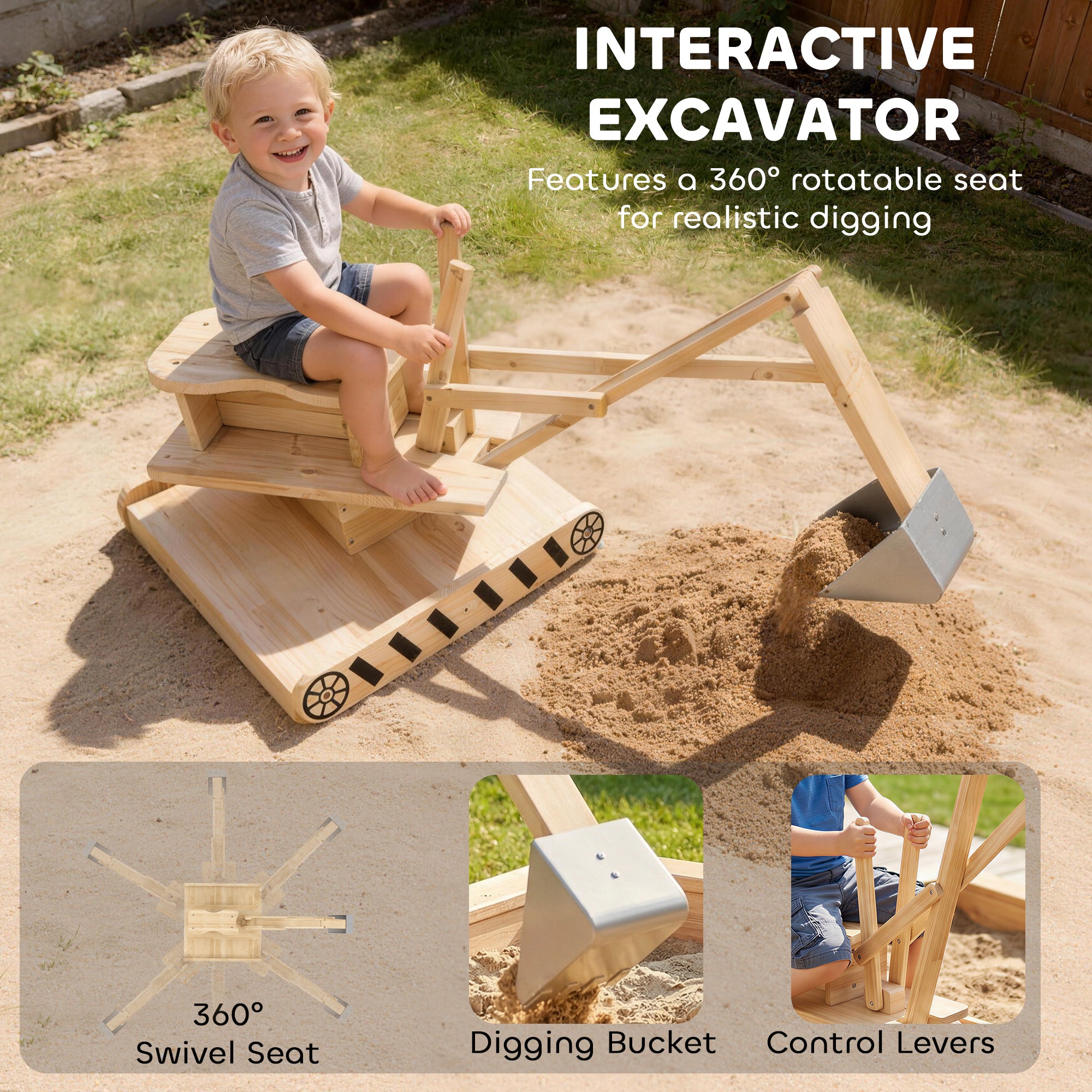 Wooden Sandbox with Digger, Kids Sandbox with 360° Rotating Seat & Bottom Liner, 72" x 35" x 22"