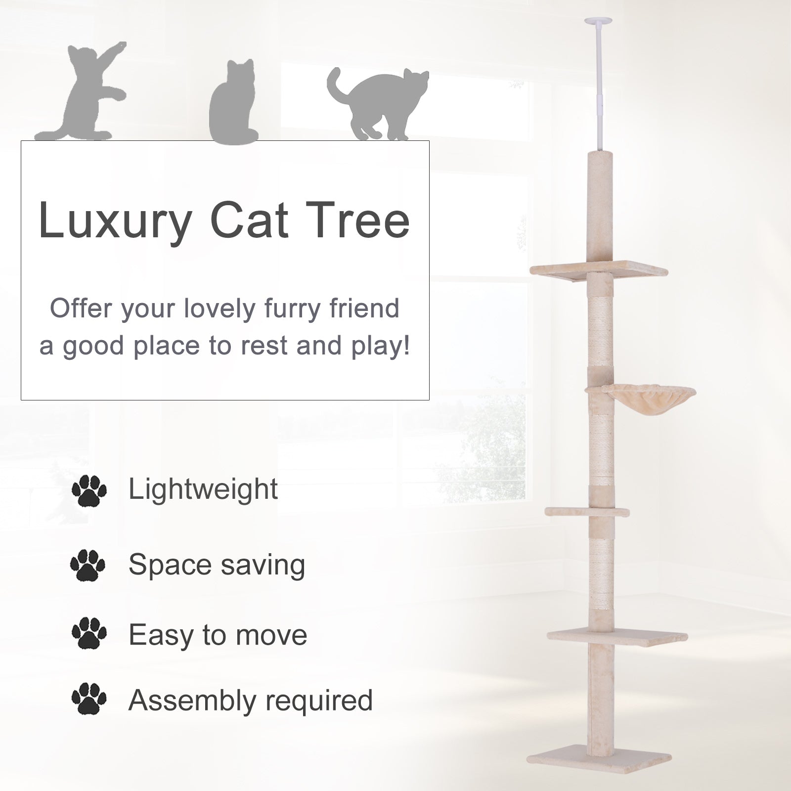 102" Adjustable Height Floor to Ceiling Cat Tree, 5 Level Cat Tower with Scratching Posts, Hammock, Beige