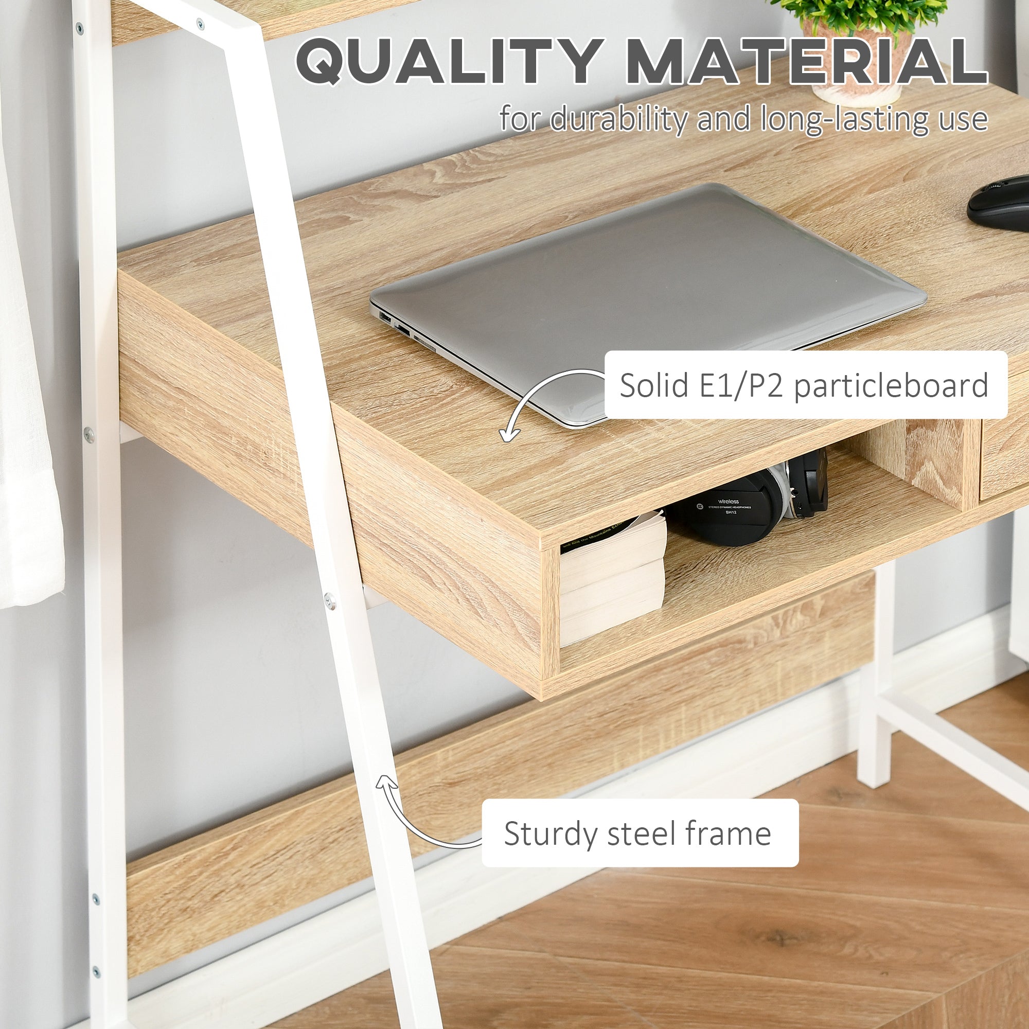 Home Office desk, Computer Desk for Small Spaces, Study Table with Drawer and Storage Shelves, Natural