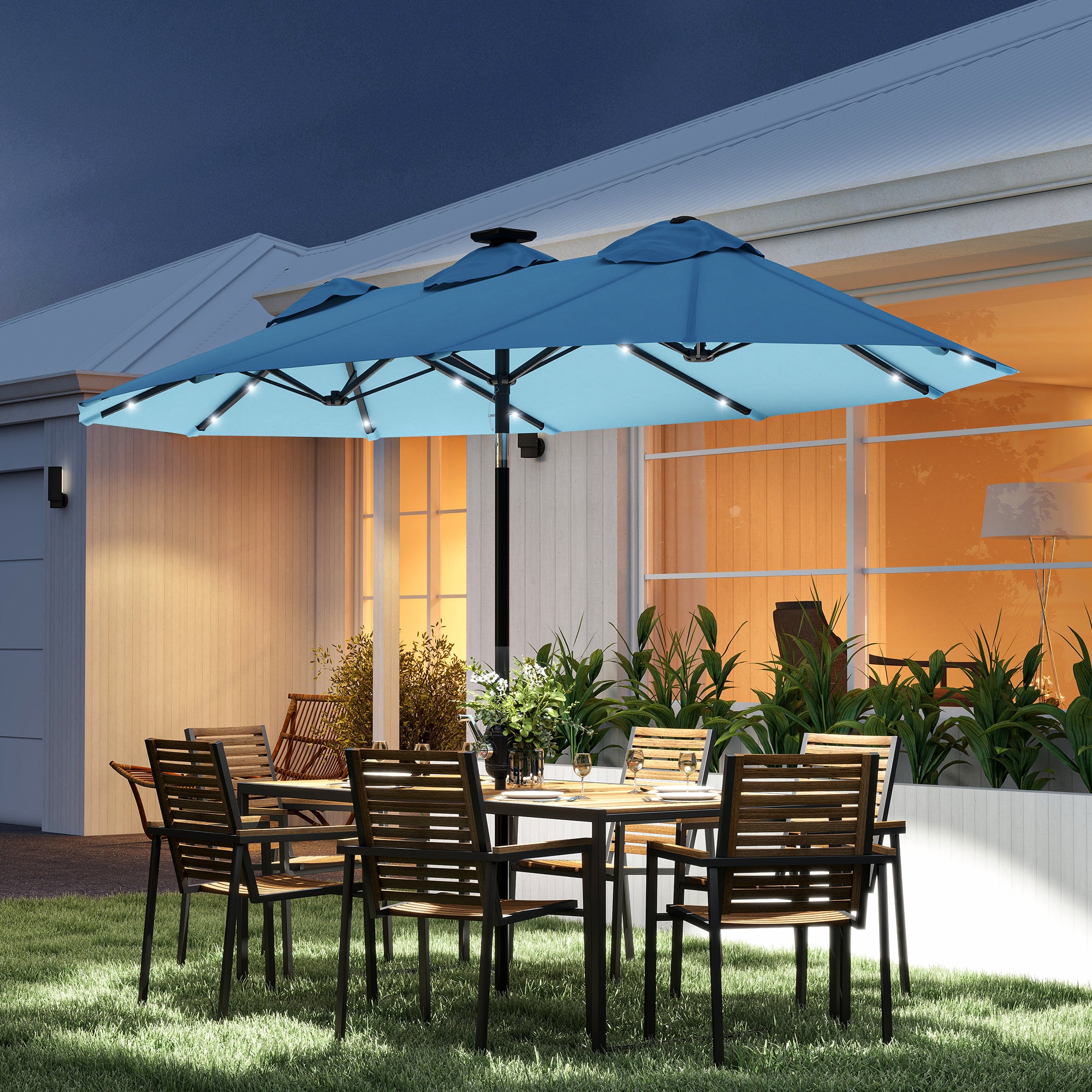 Double-sided Patio Umbrella, 9.7' Outdoor Umbrella with Tilt and Crank, LED Solar Light and 12 Ribs, Light Blue