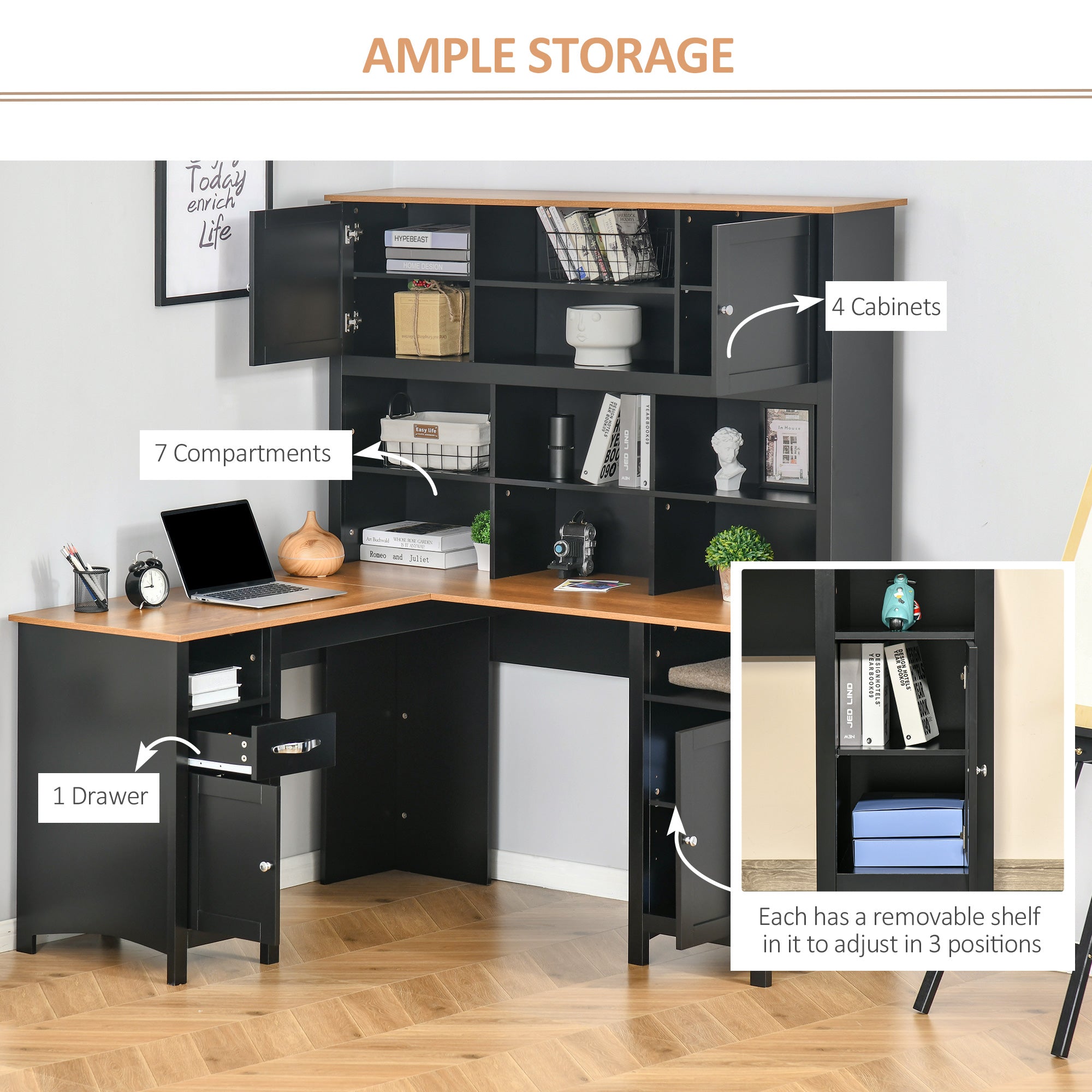 L Shaped Computer Desk with Hutch, 59" Corner Desk, Space Saving Home Office Desk with Storage, Black