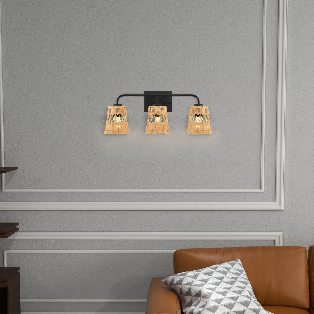 Stylish Three-Light Wall Sconce with Rattan Shade, Metal Finish, Bathroom Lighting Fixture Over Mirror, 6.5" L x 22.5" W x 9.5" H, Black