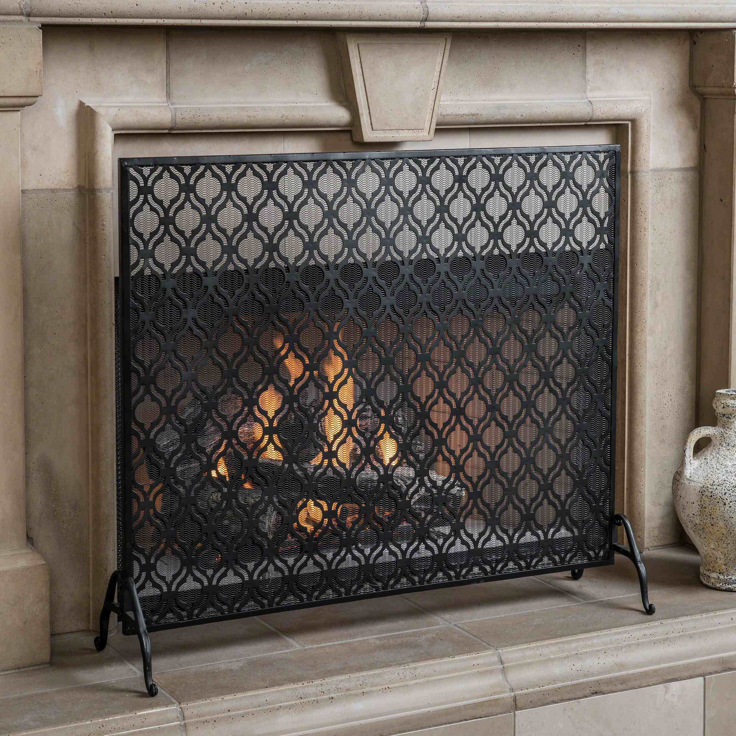 Modern Single Panel Iron Fireplace Screen with Durable Iron Frame, Rustproof Solid Free Standing Fire, 39.5" L x 11.25" W x 35" H, Black