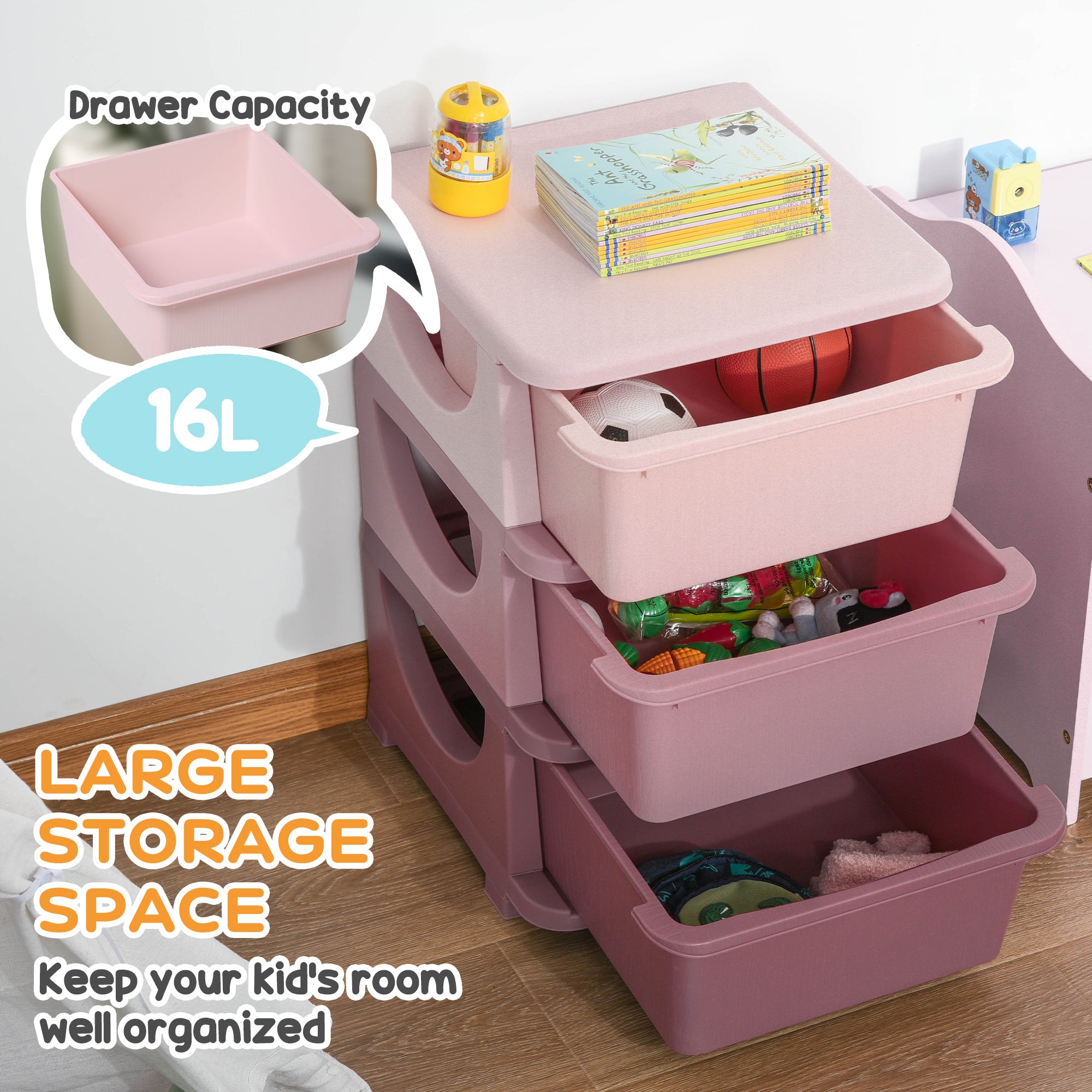 3 Drawers Kids Storage Unit, 3 Tier Stackable Toy Organizers and Storage Chest for Bedroom, Nursery, Playroom, Living Room, Boys, Girls, Toddlers, Pink