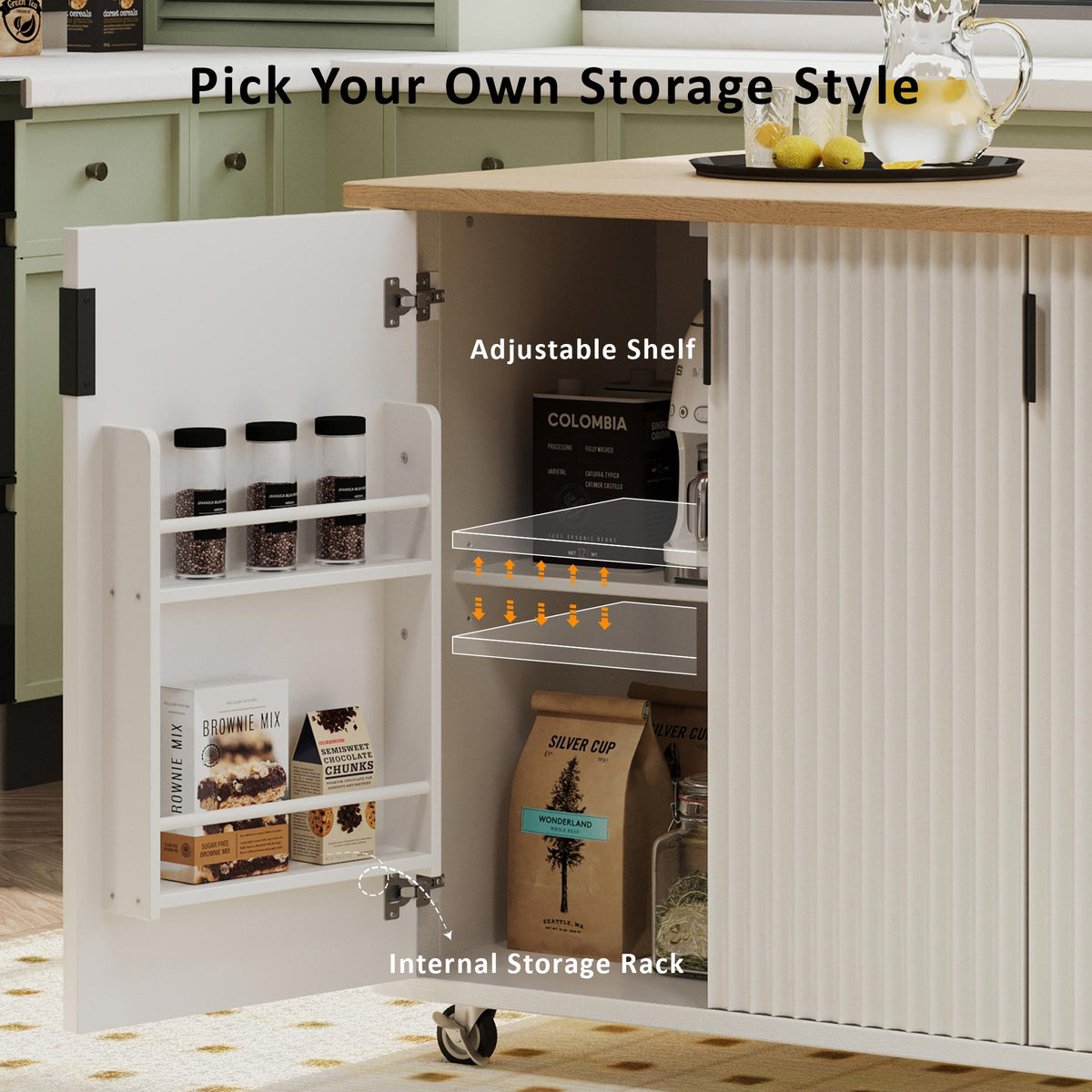 Fluted Kitchen Island with Drop Leaf, Internal Storage Rack, Rolling Kitchen Cart with Towel Rack, Adjustable Shelves, Smooth Curved Edge, White