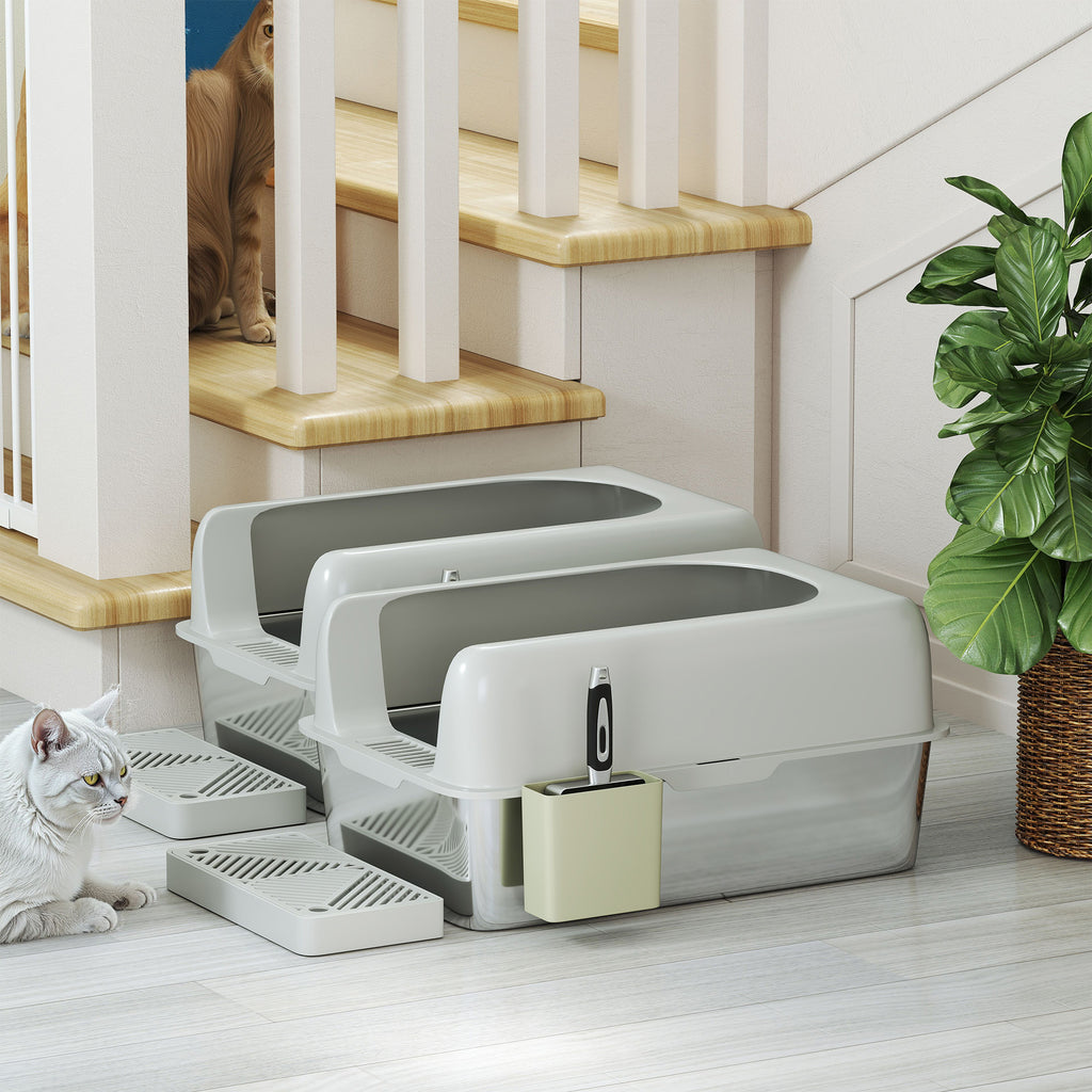 2 Pack High Sided Stainless Steel Litter Box with Metal Scoop & Scoop Holder, for Anti-Urine Leakage, Light Gray