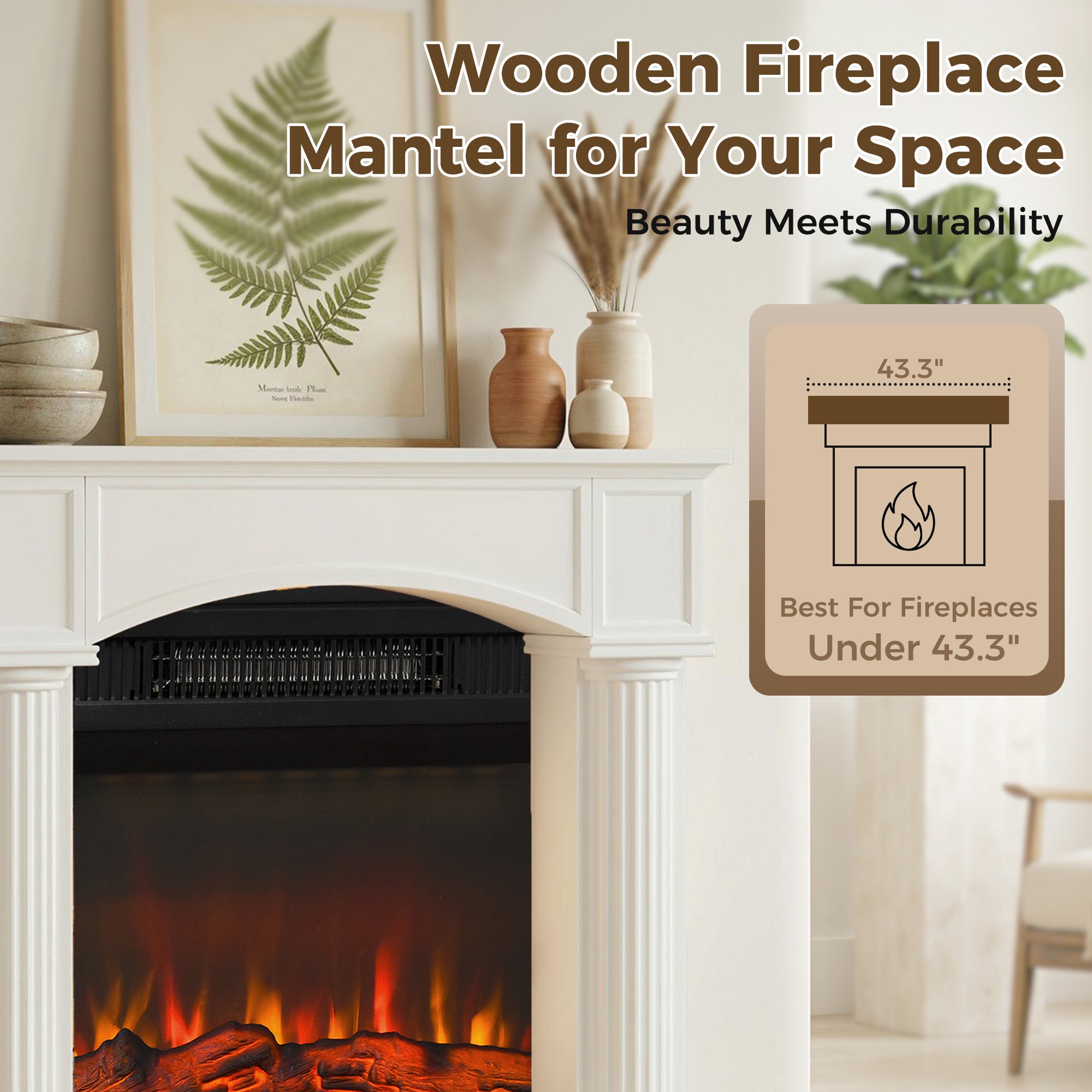 Modern Fireplace Mantel, Freestanding Fireplace Surround for Electric Fireplaces, 43.3" W x 39.8" H, White