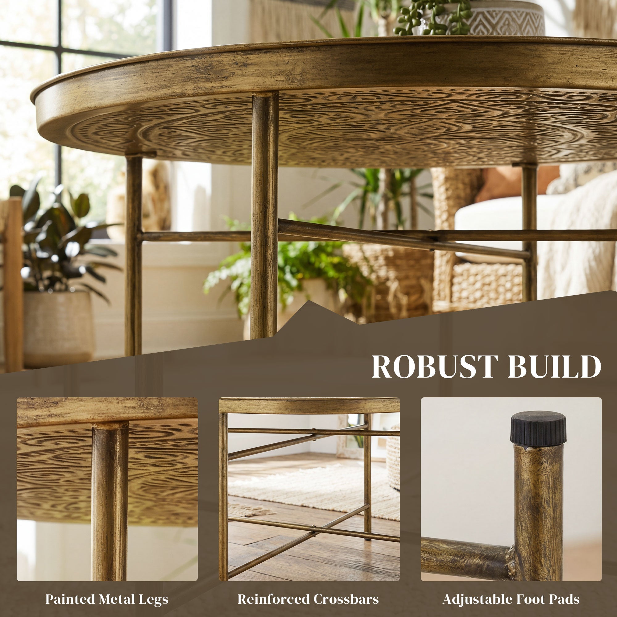 Coffee Table for Living Room, 24" Round Center Table with Hammered Tray Top and Metal Frame for Bedroom, Gold