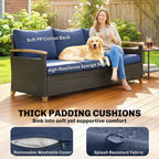 3 Seater Outdoor Couch Sofa, PE Wicker Patio Sofa, Wide Deep Seat, 4" Cushions, Wood-Effect Armrests Legs, Dark Blue