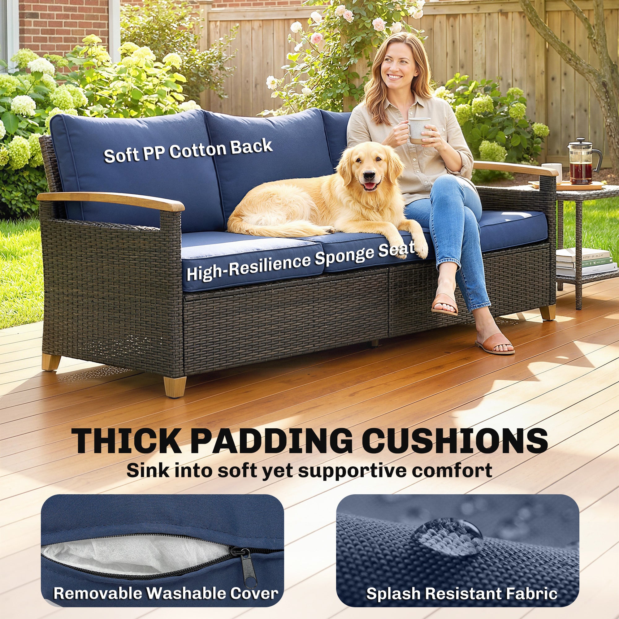 3 Seater Outdoor Couch Sofa, PE Wicker Patio Sofa, Wide Deep Seat, 4" Cushions, Wood-Effect Armrests Legs, Dark Blue